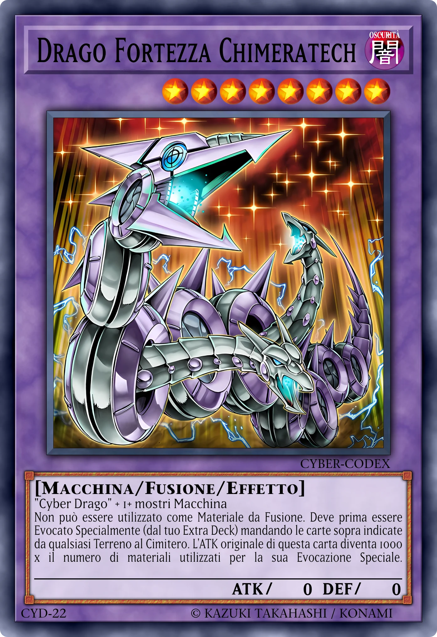 Carta Drago Fortezza Chimeratech (Chimeratech Fortress Dragon) ricostruita: Mostro Fusione Effetto, Lv8 OSCURITÀ Macchina, ATK 0 / DEF 0