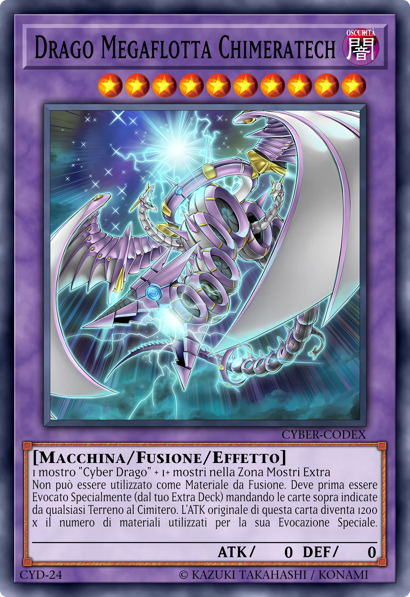 Carta Drago Megaflotta Chimeratech (Chimeratech Megafleet Dragon) ricostruita: Mostro Fusione Effetto, Lv10 OSCURITÀ Macchina, ATK 0 / DEF 0