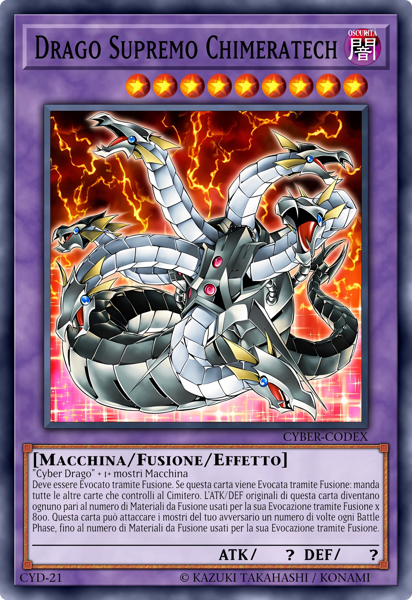 Carta Drago Supremo Chimeratech (Chimeratech Overdragon) ricostruita: Mostro Fusione Effetto, Lv9 OSCURITÀ Macchina, ATK 800×n / DEF 800×n