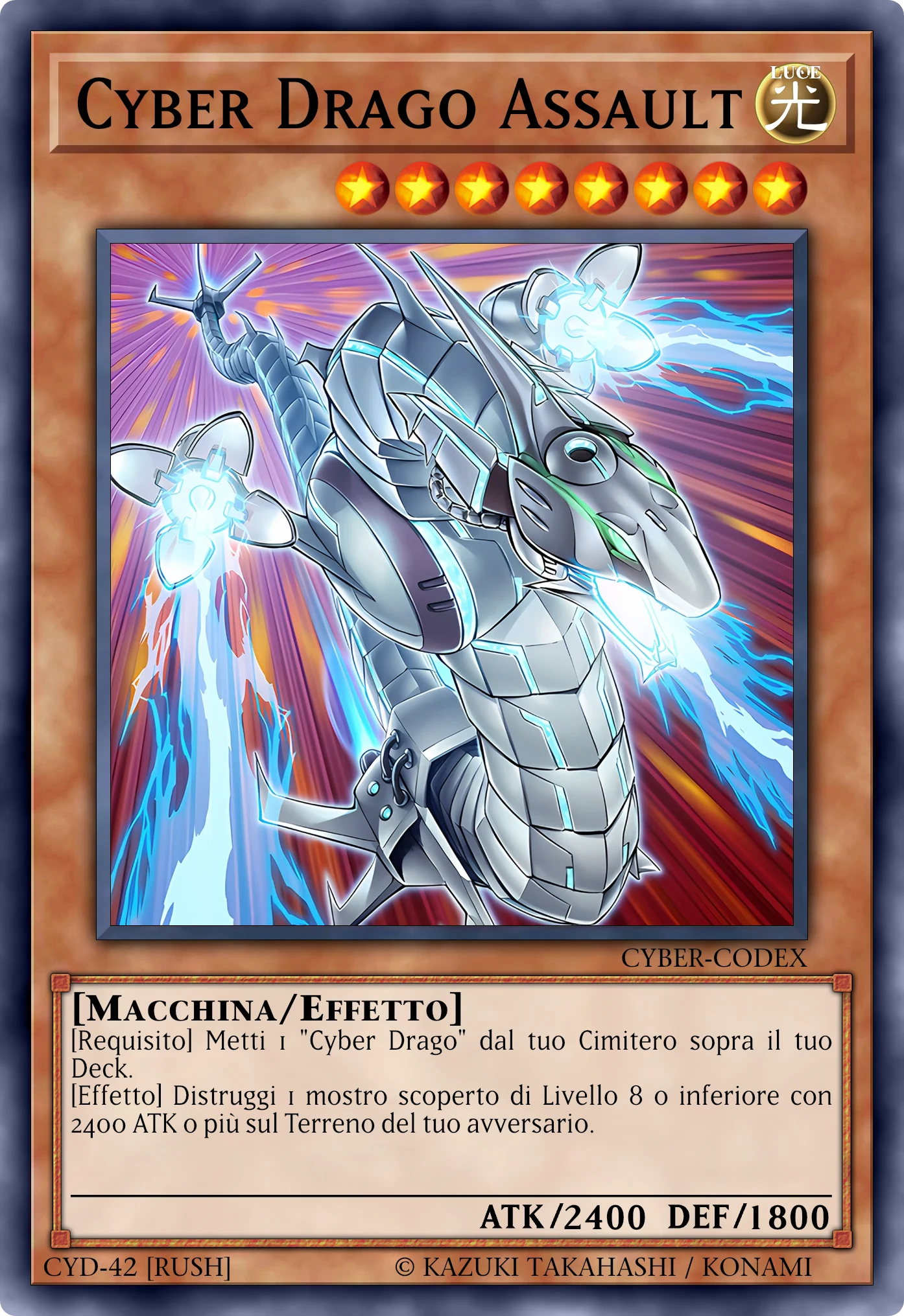 Carta Cyber Drago Assault (Cyber Assault Dragon) ricostruita: Mostro Effetto (Rush), Lv8 LUCE Macchina, ATK 2400 / DEF 1800