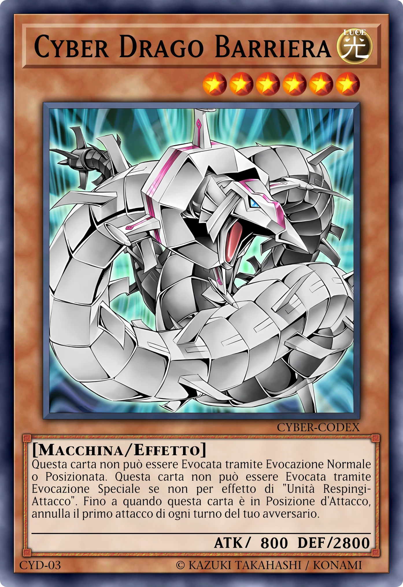 Carta Cyber Drago Barriera (Cyber Barrier Dragon) ricostruita: Mostro Effetto, Lv6 LUCE Macchina, ATK 800 / DEF 2800