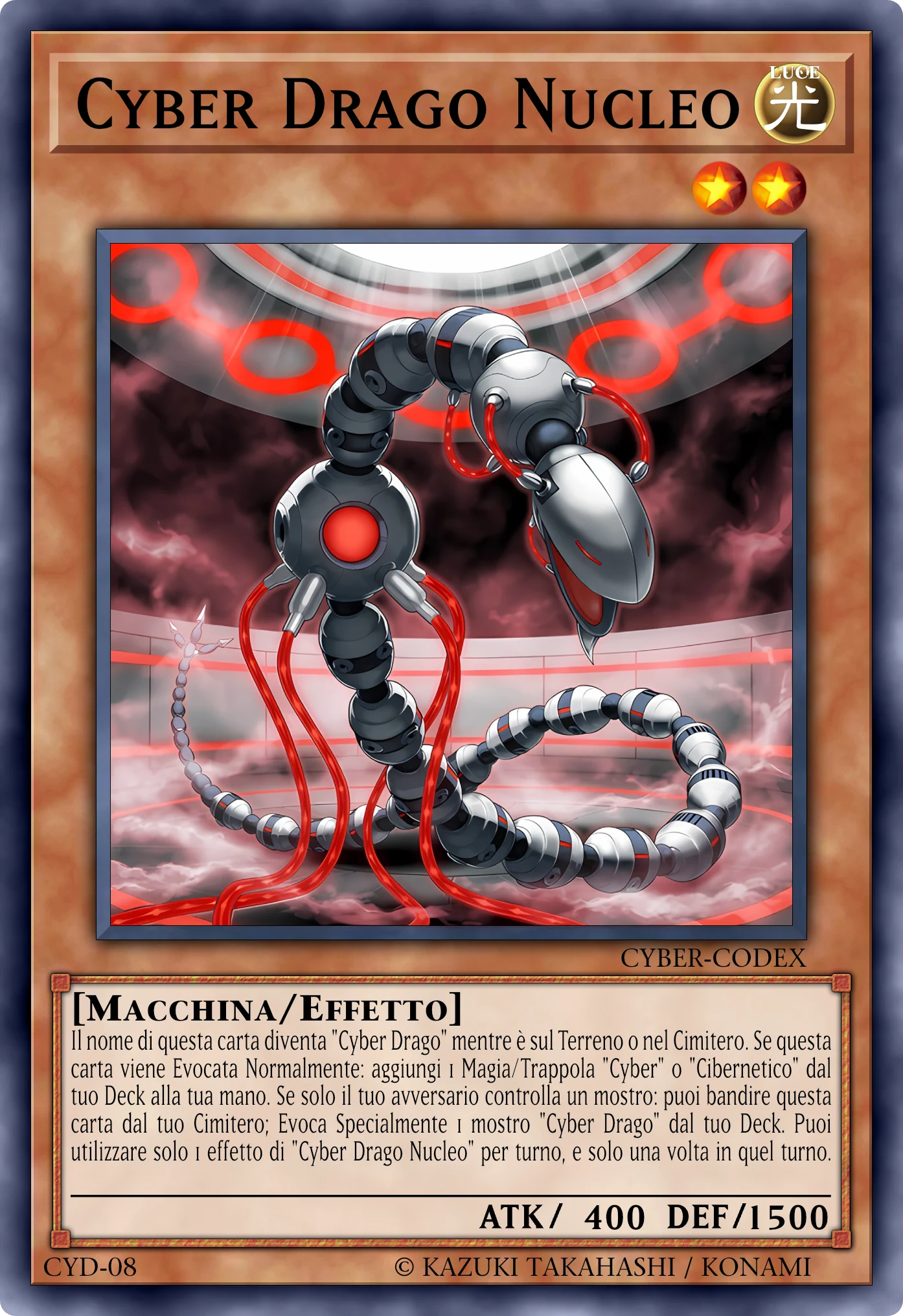 Carta Cyber Drago Nucleo (Cyber Dragon Core) ricostruita: Mostro Effetto, Lv2 LUCE Macchina, ATK 400 / DEF 1500
