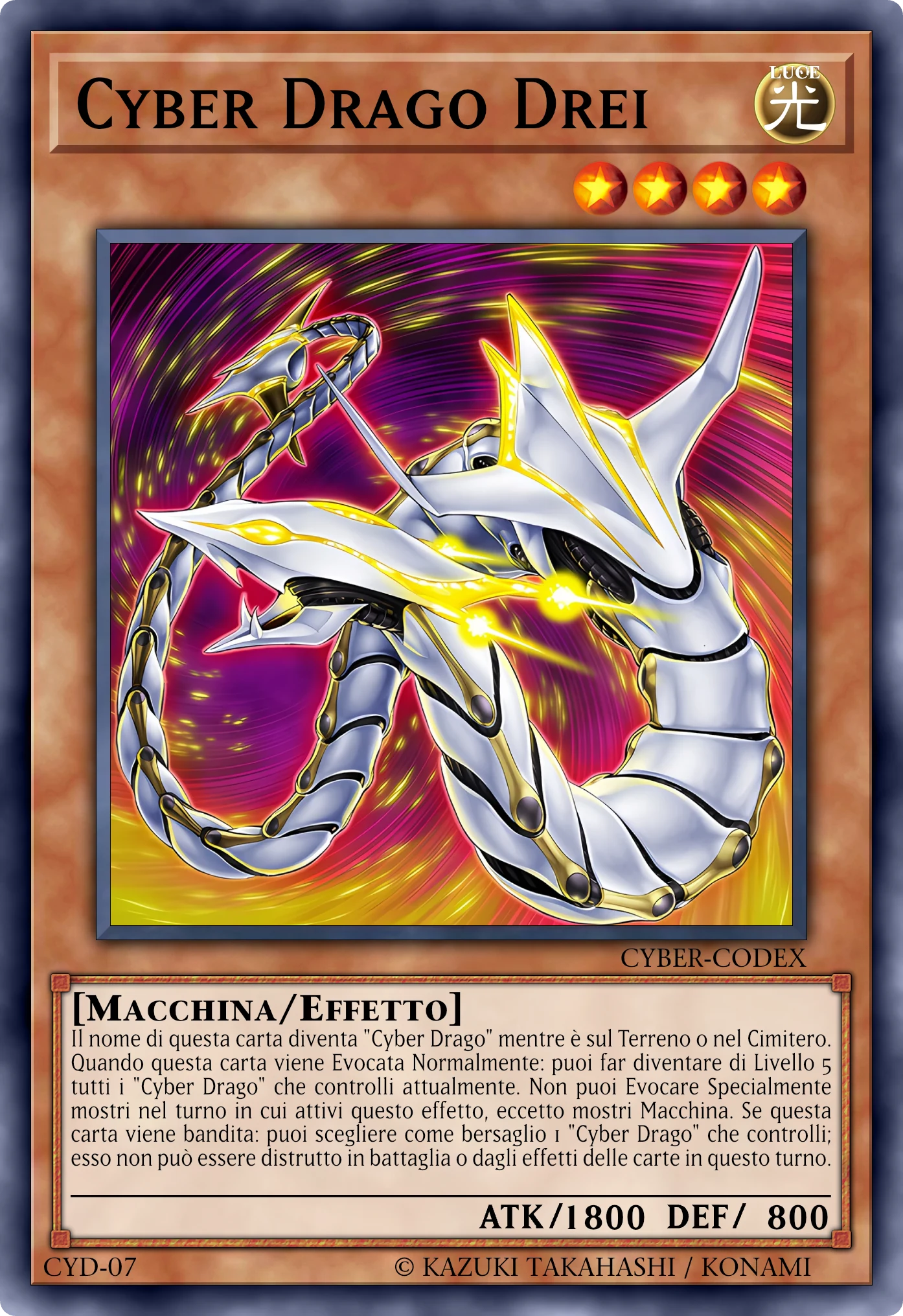 Carta Cyber Drago Drei (Cyber Dragon Drei) ricostruita: Mostro Effetto, Lv4 LUCE Macchina, ATK 1800 / DEF 800