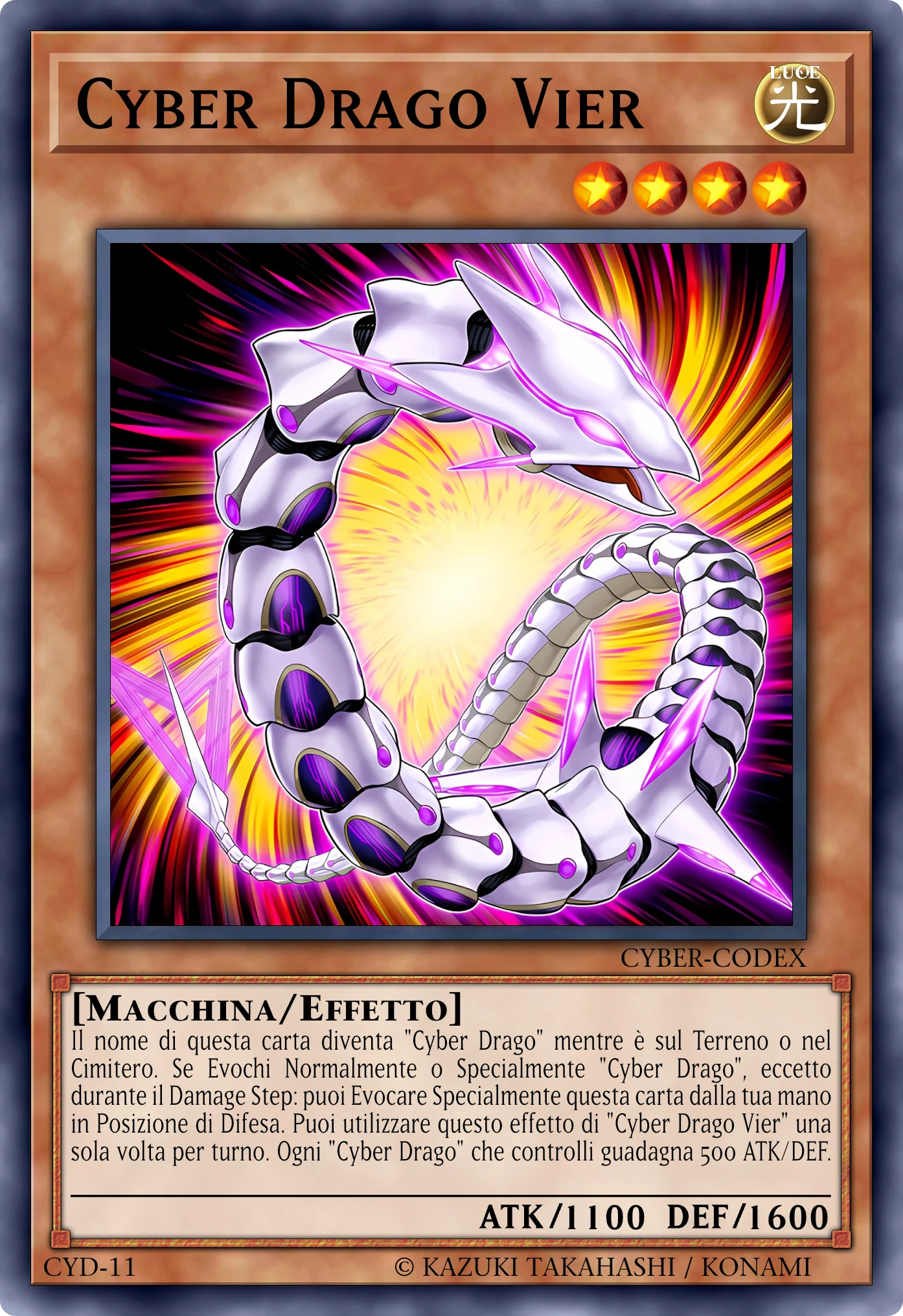 Carta Cyber Drago Vier (Cyber Dragon Vier) ricostruita: Mostro Effetto, Lv4 LUCE Macchina, ATK 1100 / DEF 1600