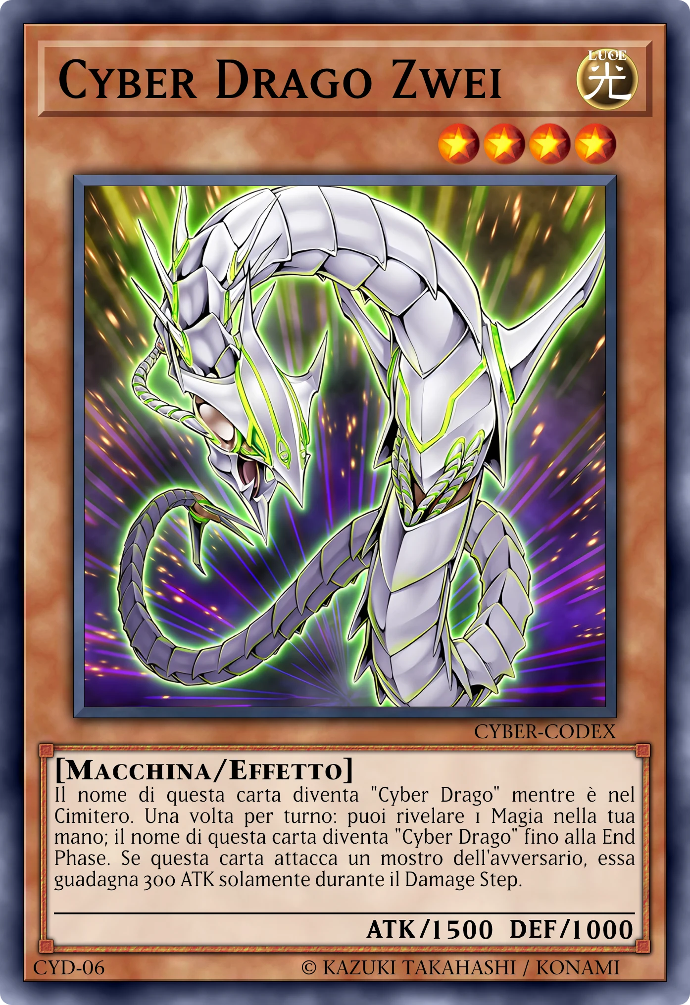 Carta Cyber Drago Zwei (Cyber Dragon Zwei) ricostruita: Mostro Effetto, Lv4 LUCE Macchina, ATK 1500 / DEF 1000