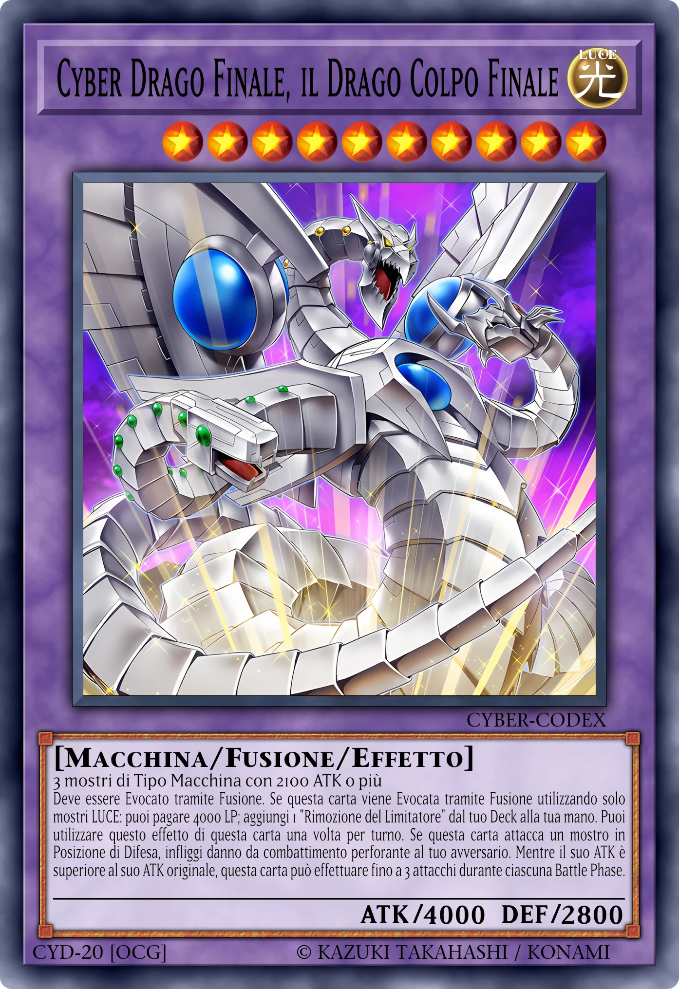 Carta Cyber Drago Finale, il Drago Colpo Finale (Cyber End Dragon, the Final Strike Dragon) ricostruita: Mostro Fusione Effetto, Lv10 LUCE Macchina, ATK 4000 / DEF 2800