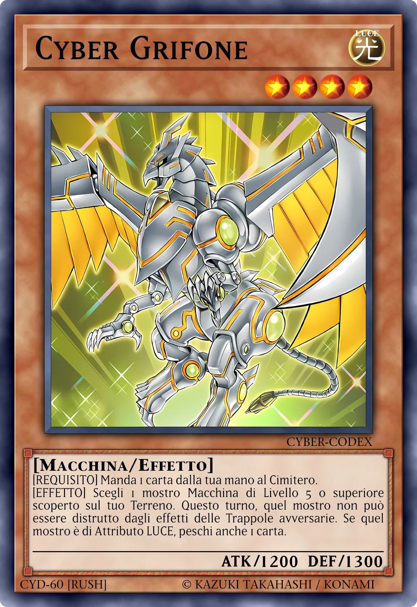Carta Cyber Grifone (Cyber Gryphon) ricostruita: Mostro Effetto (Rush), Lv4 LUCE Macchina, ATK 1200 / DEF 1300