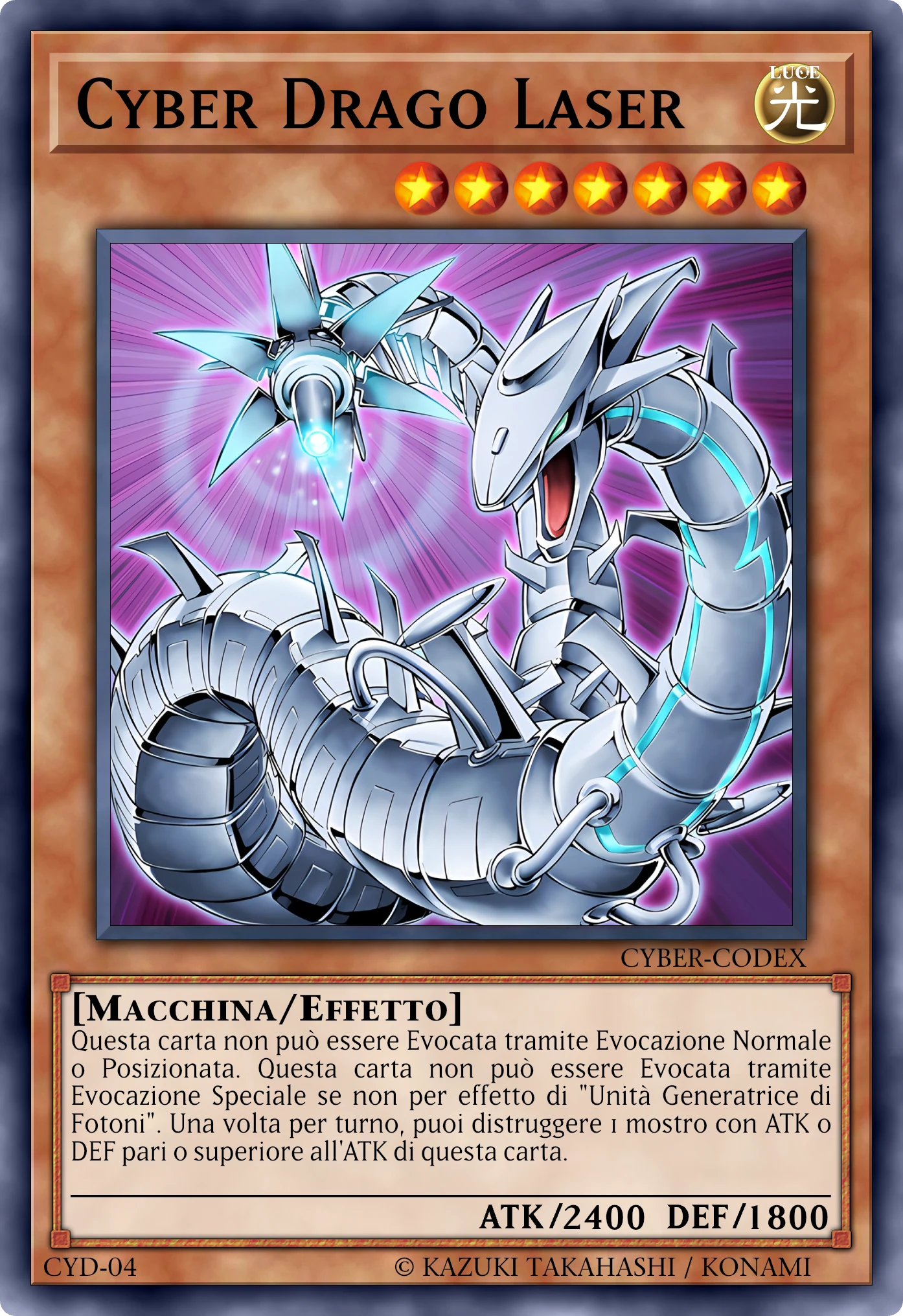 Carta Cyber Drago Laser (Cyber Laser Dragon) ricostruita: Mostro Effetto, Lv7 LUCE Macchina, ATK 2400 / DEF 1800