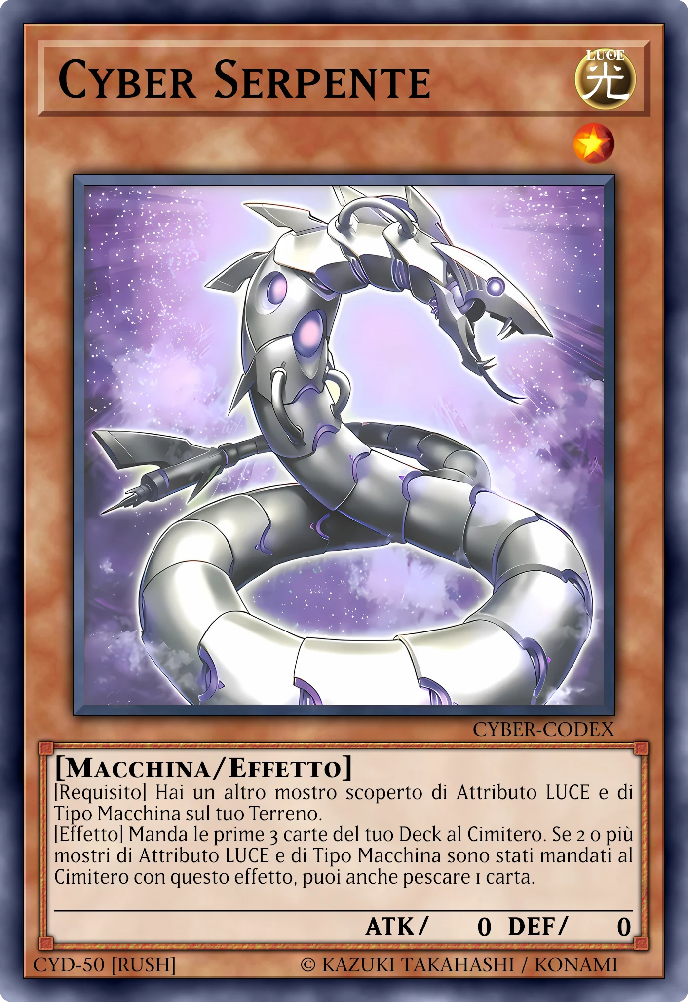 Carta Cyber Serpente (Cyber Serpent) ricostruita: Mostro Effetto (Rush), Lv1 LUCE Macchina, ATK 0 / DEF 0