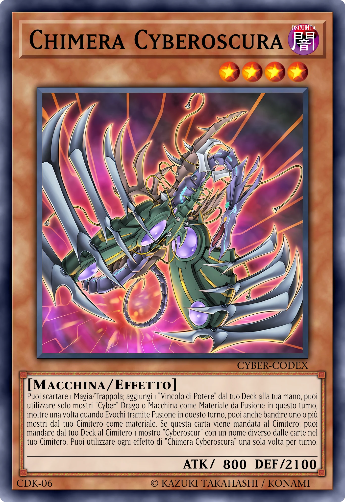 Carta Chimera Cyberoscura (Cyberdark Chimera) ricostruita: Mostro Effetto, Lv4 OSCURITÀ Macchina, ATK 800 / DEF 2100