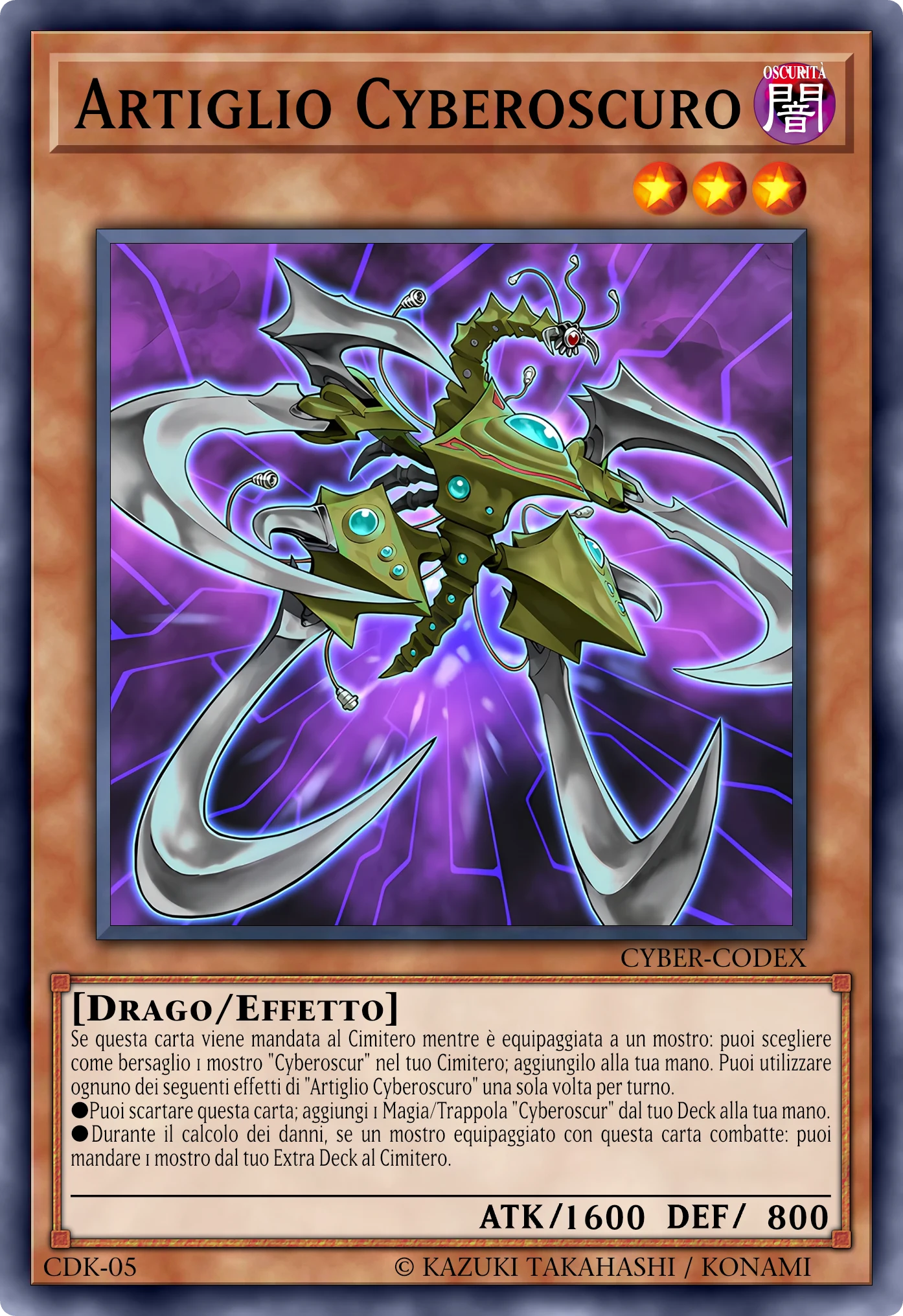 Carta Artiglio Cyberoscuro (Cyberdark Claw) ricostruita: Mostro Effetto, Lv3 OSCURITÀ Drago, ATK 1600 / DEF 800