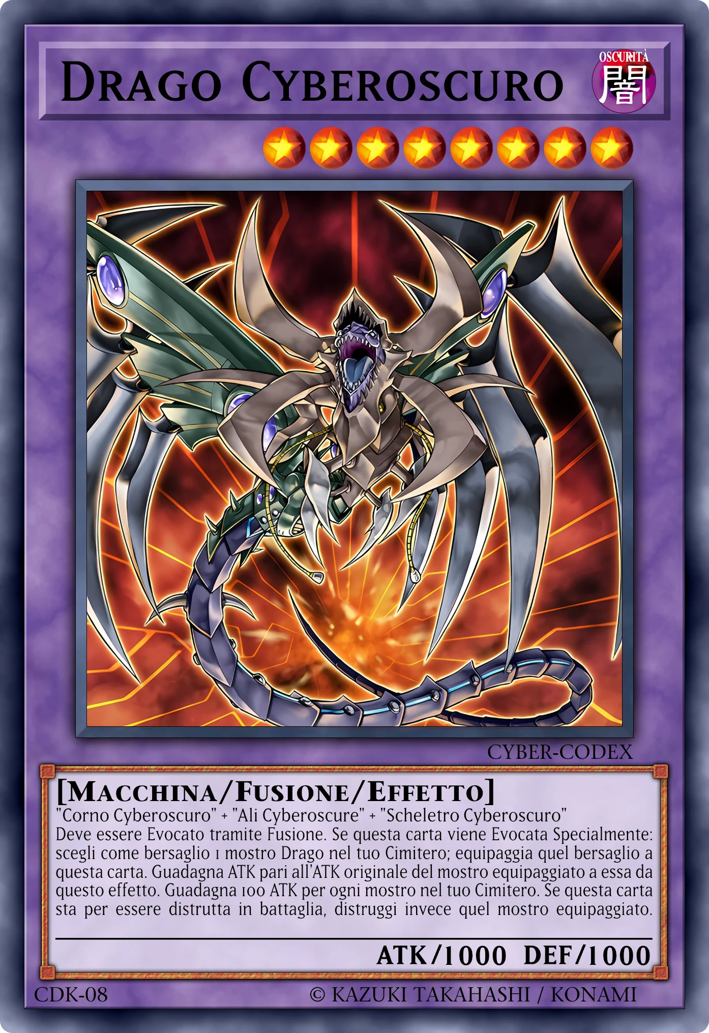 Carta Drago Cyberoscuro (Cyberdark Dragon) ricostruita: Mostro Fusione Effetto, Lv8 OSCURITÀ Macchina, ATK 1000 / DEF 1000