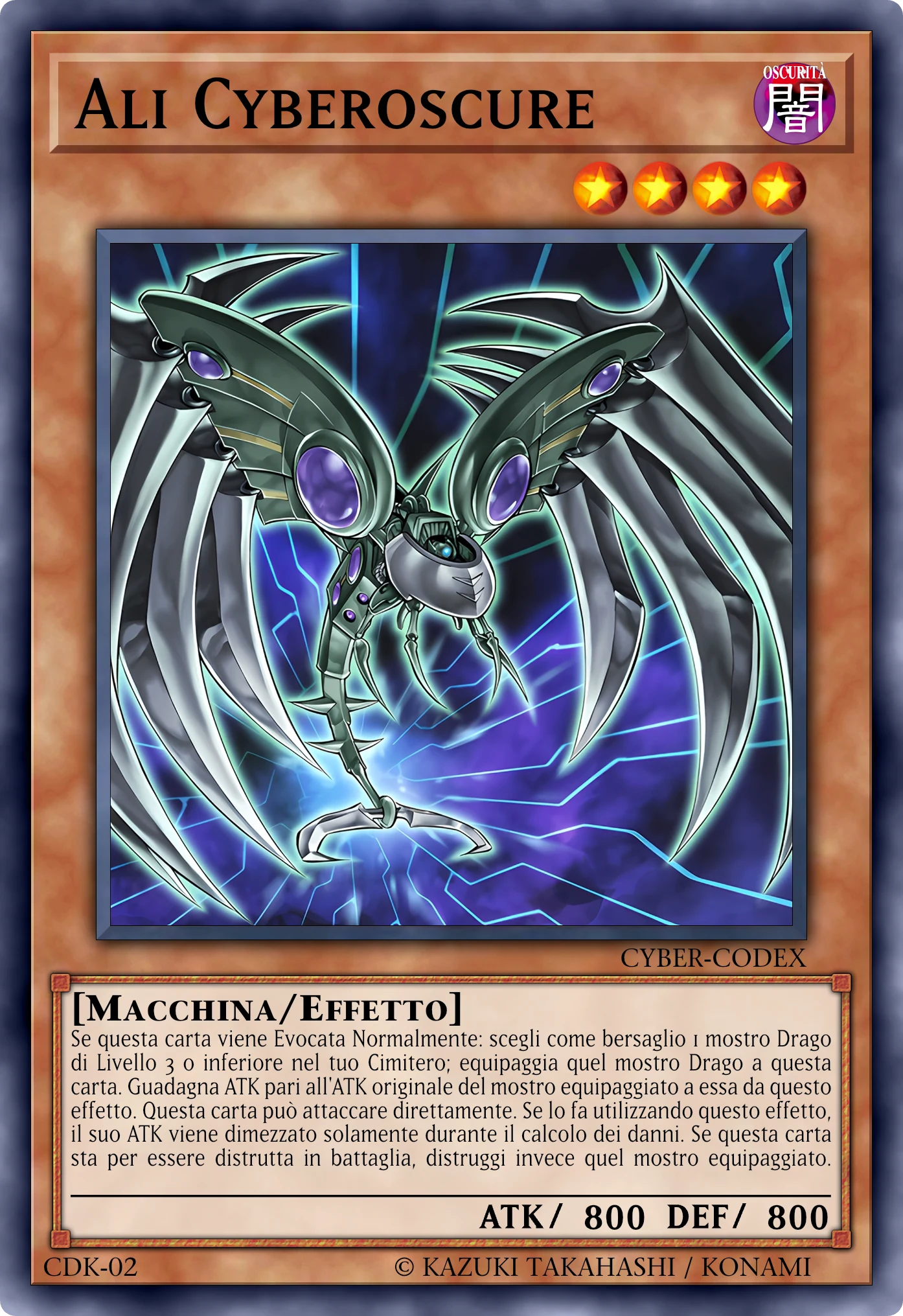 Carta Ali Cyberoscure (Cyberdark Edge) ricostruita: Mostro Effetto, Lv4 OSCURITÀ Macchina, ATK 800 / DEF 800
