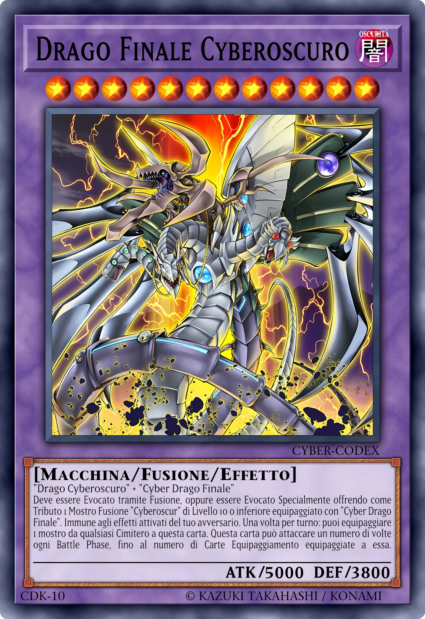Carta Drago Finale Cyberoscuro (Cyberdark End Dragon) ricostruita: Mostro Fusione Effetto, Lv12 OSCURITÀ Macchina, ATK 5000 / DEF 3800