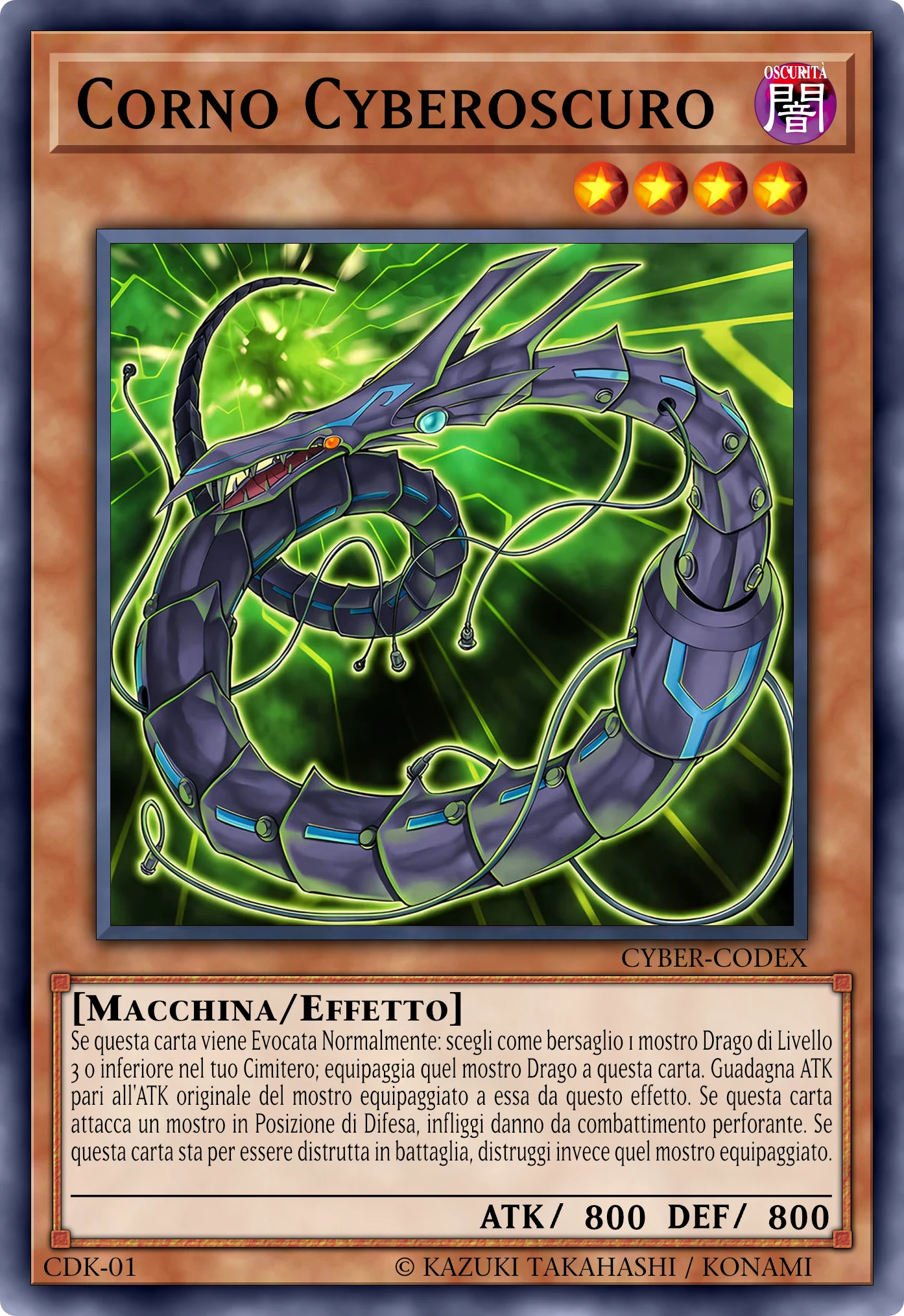 Carta Corno Cyberoscuro (Cyberdark Horn) ricostruita: Mostro Effetto, Lv4 OSCURITÀ Macchina, ATK 800 / DEF 800
