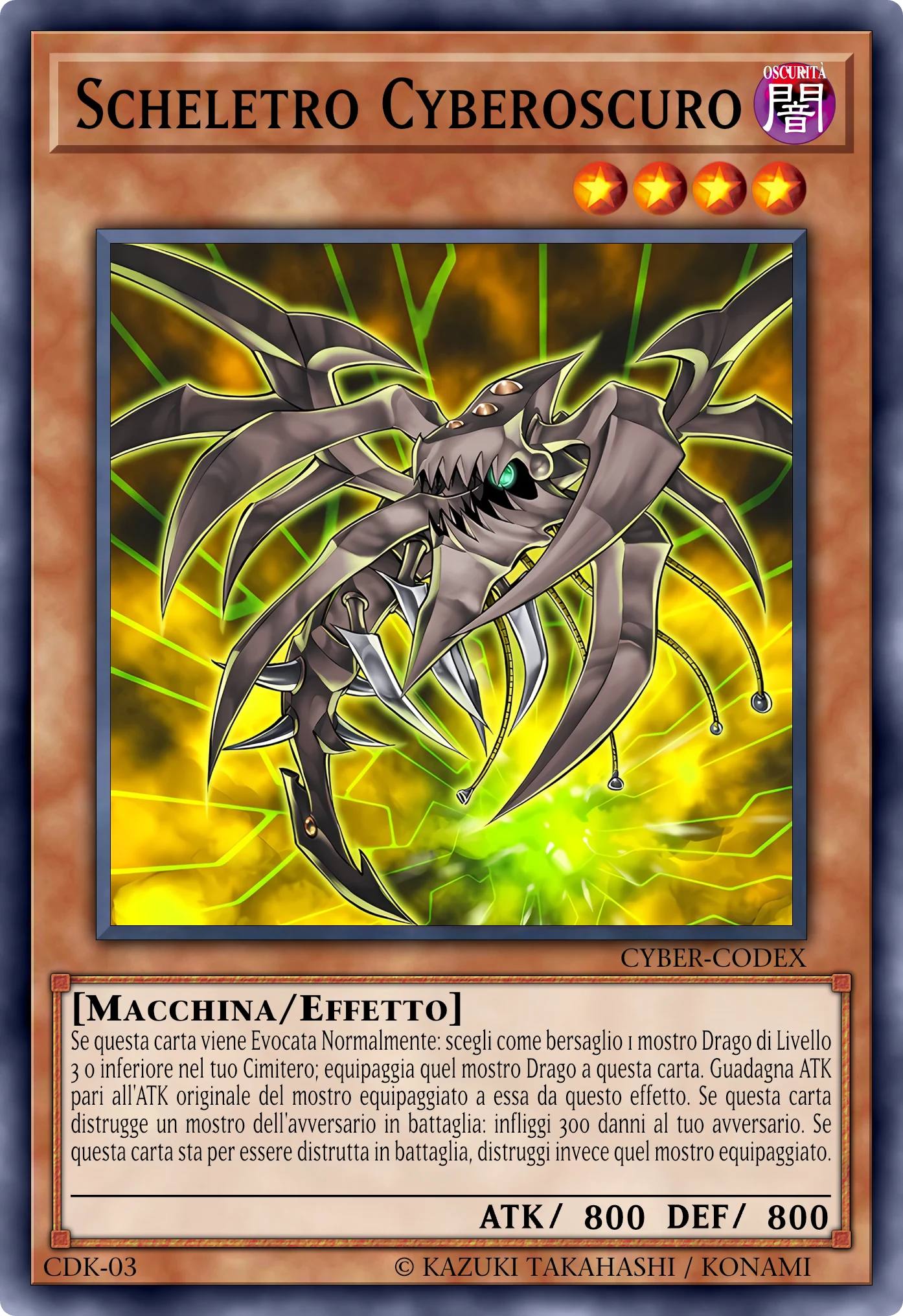 Carta Scheletro Cyberoscuro (Cyberdark Keel) ricostruita: Mostro Effetto, Lv4 OSCURITÀ Macchina, ATK 800 / DEF 800