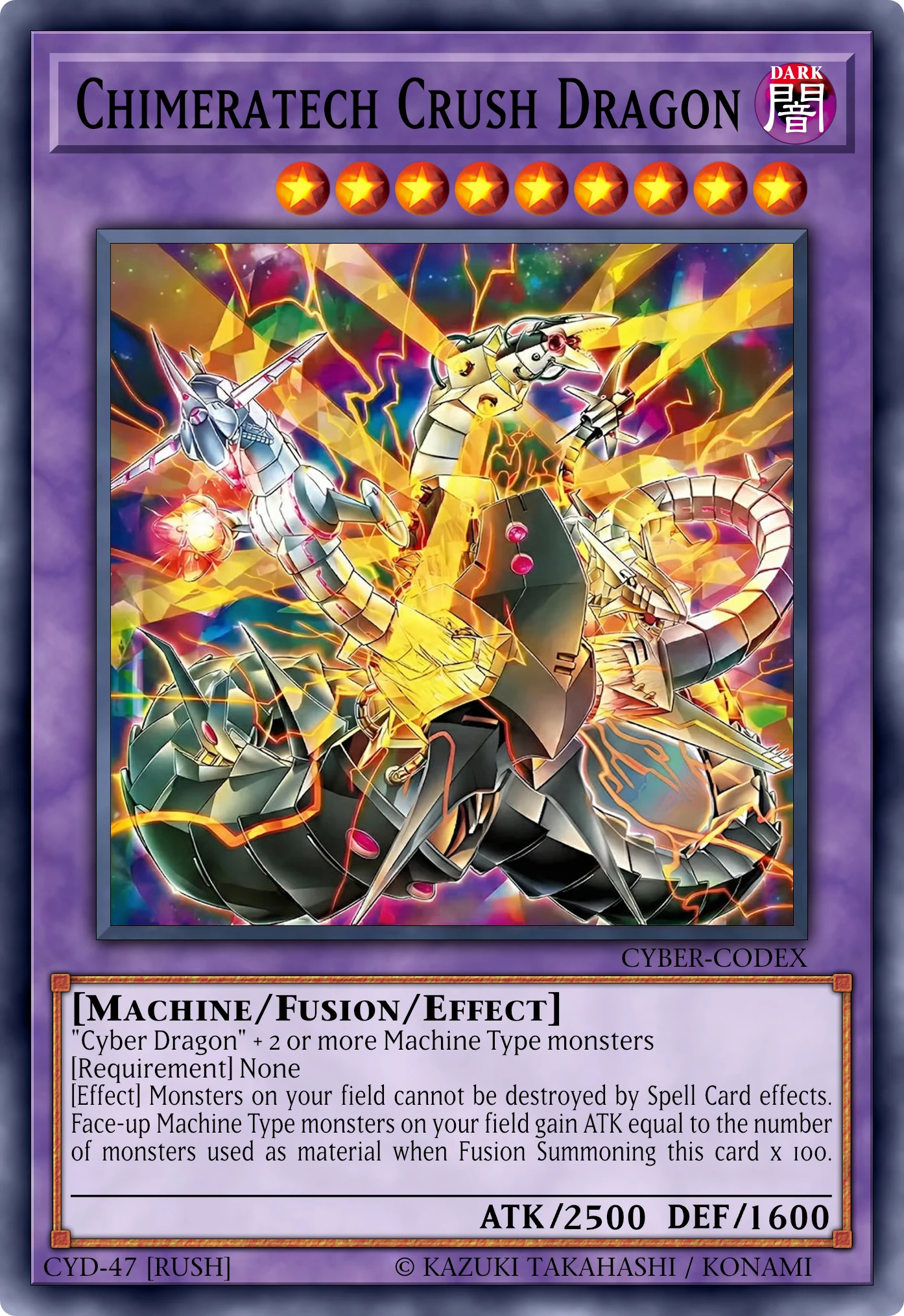 Chimeratech Crush Dragon (Drago Crush Chimeratech) card, reconstructed: Fusion Effect Monster (Rush), Level 9 DARK Machine, ATK 2500 / DEF 1600