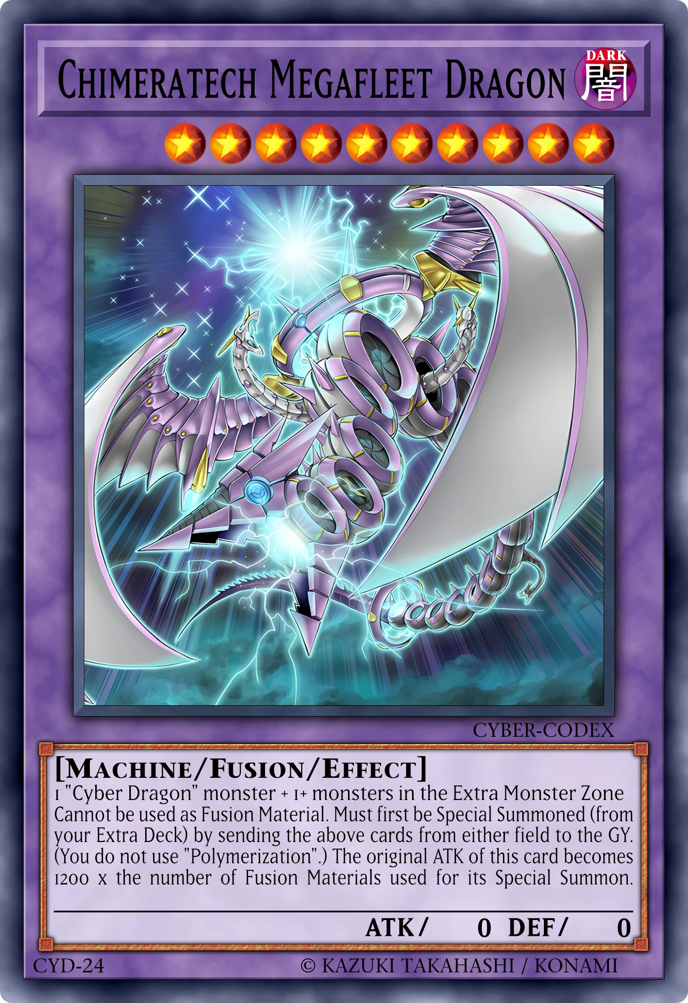 Chimeratech Megafleet Dragon (Drago Megaflotta Chimeratech) card, reconstructed: Fusion Effect Monster, Level 10 DARK Machine, ATK 0 / DEF 0
