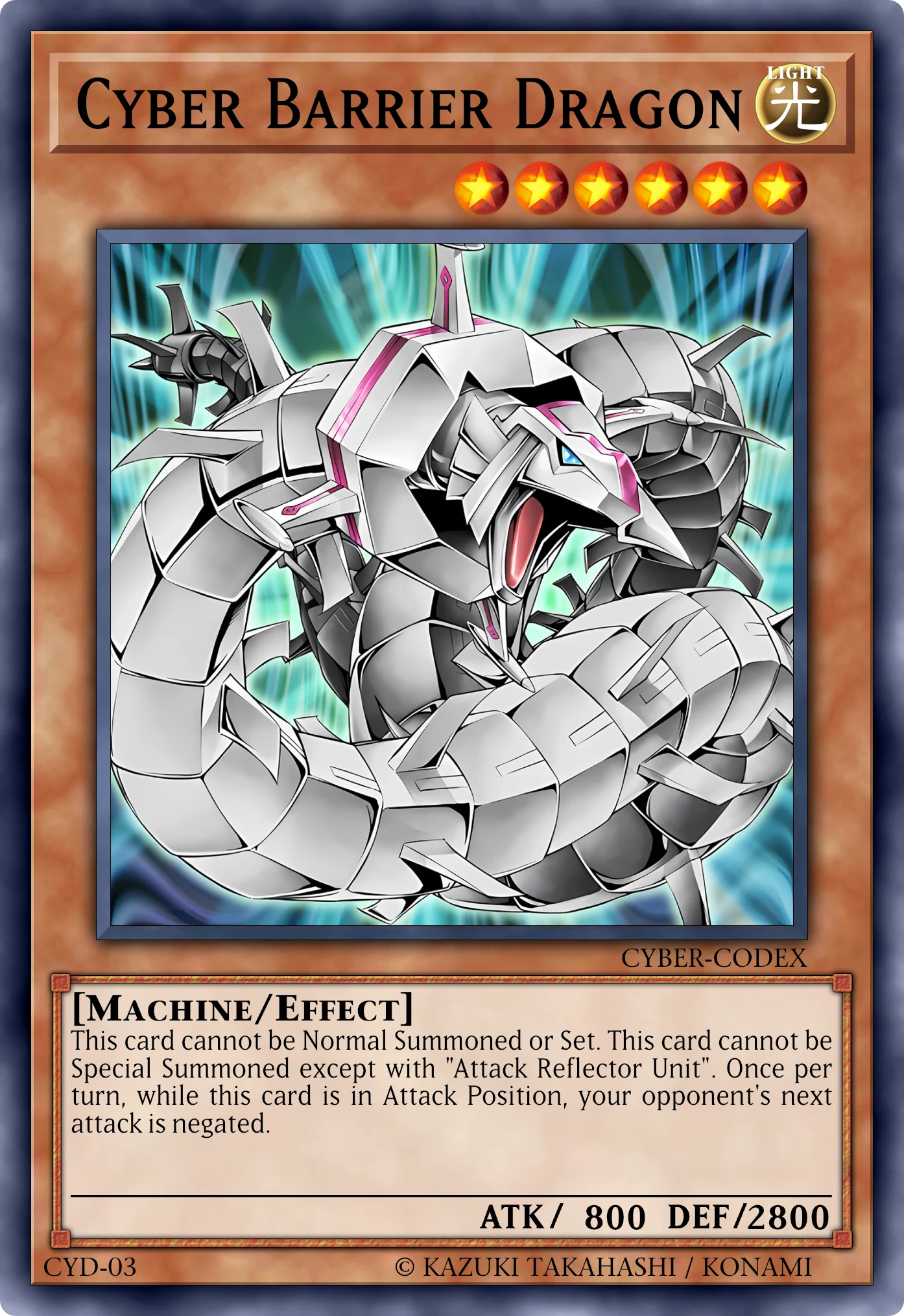 Cyber Barrier Dragon (Cyber Drago Barriera) card, reconstructed: Effect Monster, Level 6 LIGHT Machine, ATK 800 / DEF 2800