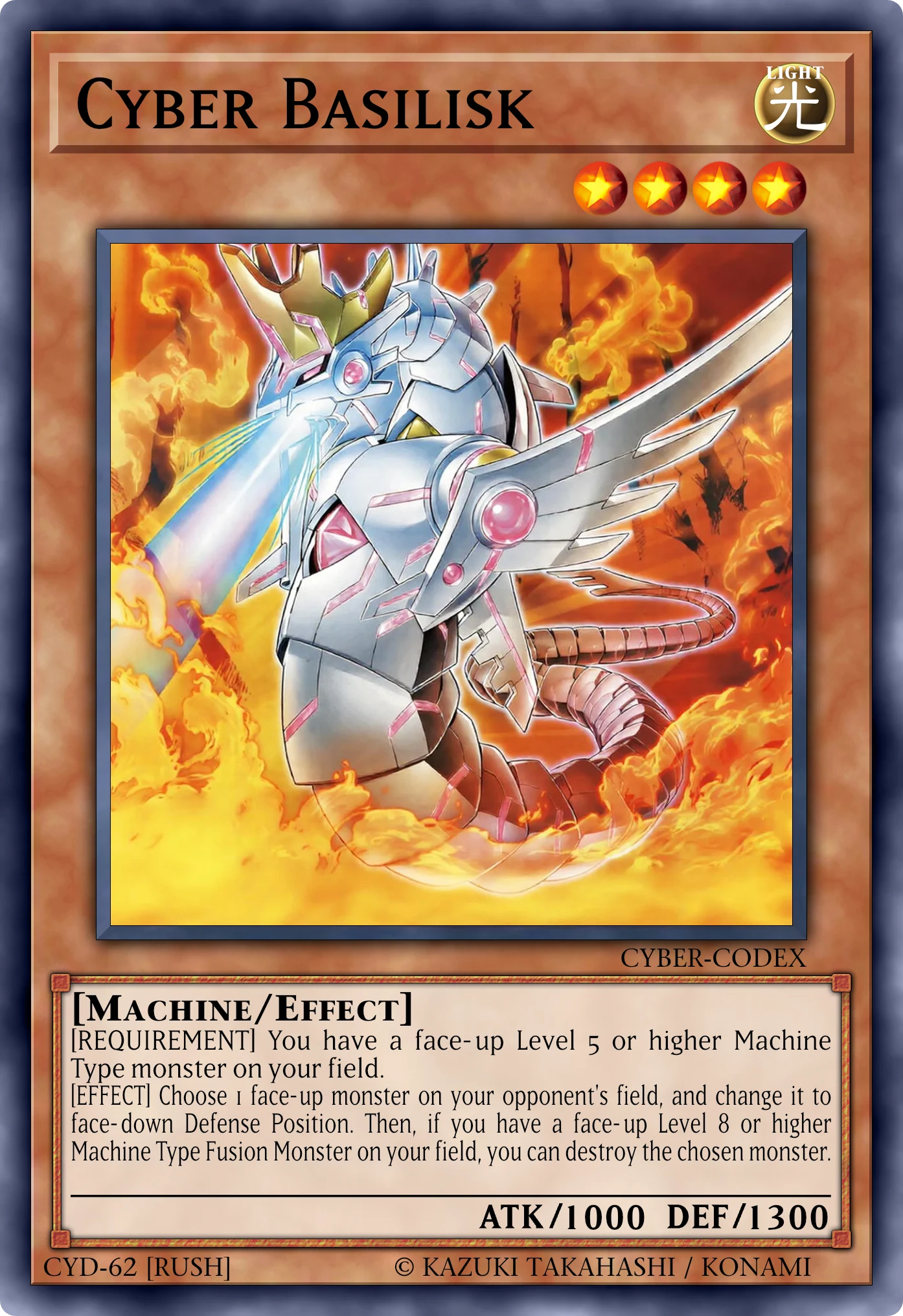 Cyber Basilisk (Cyber Basilisco) card, reconstructed: Effect Monster (Rush), Level 4 LIGHT Machine, ATK 1000 / DEF 1300