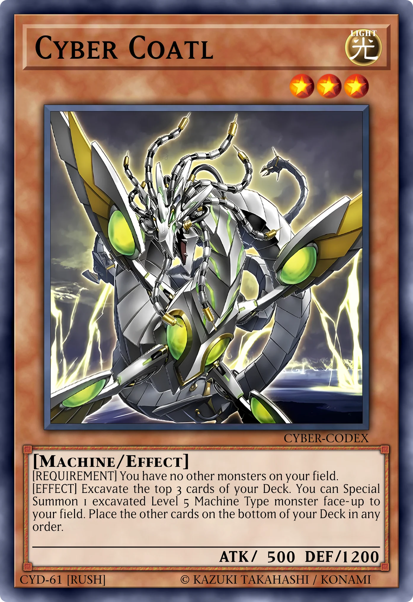 Cyber Coatl card, reconstructed: Effect Monster (Rush), Level 3 LIGHT Machine, ATK 500 / DEF 1200