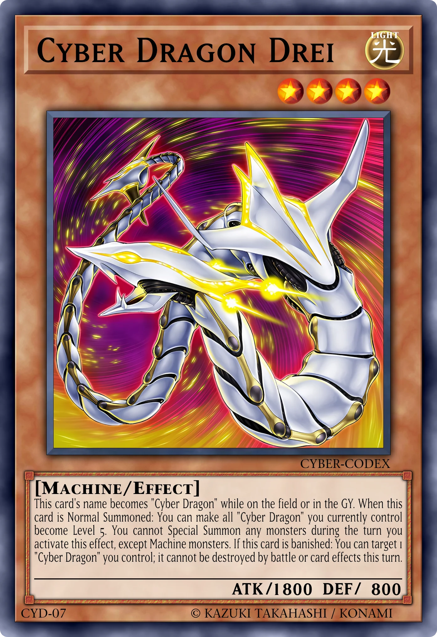 Cyber Dragon Drei (Cyber Drago Drei) card, reconstructed: Effect Monster, Level 4 LIGHT Machine, ATK 1800 / DEF 800