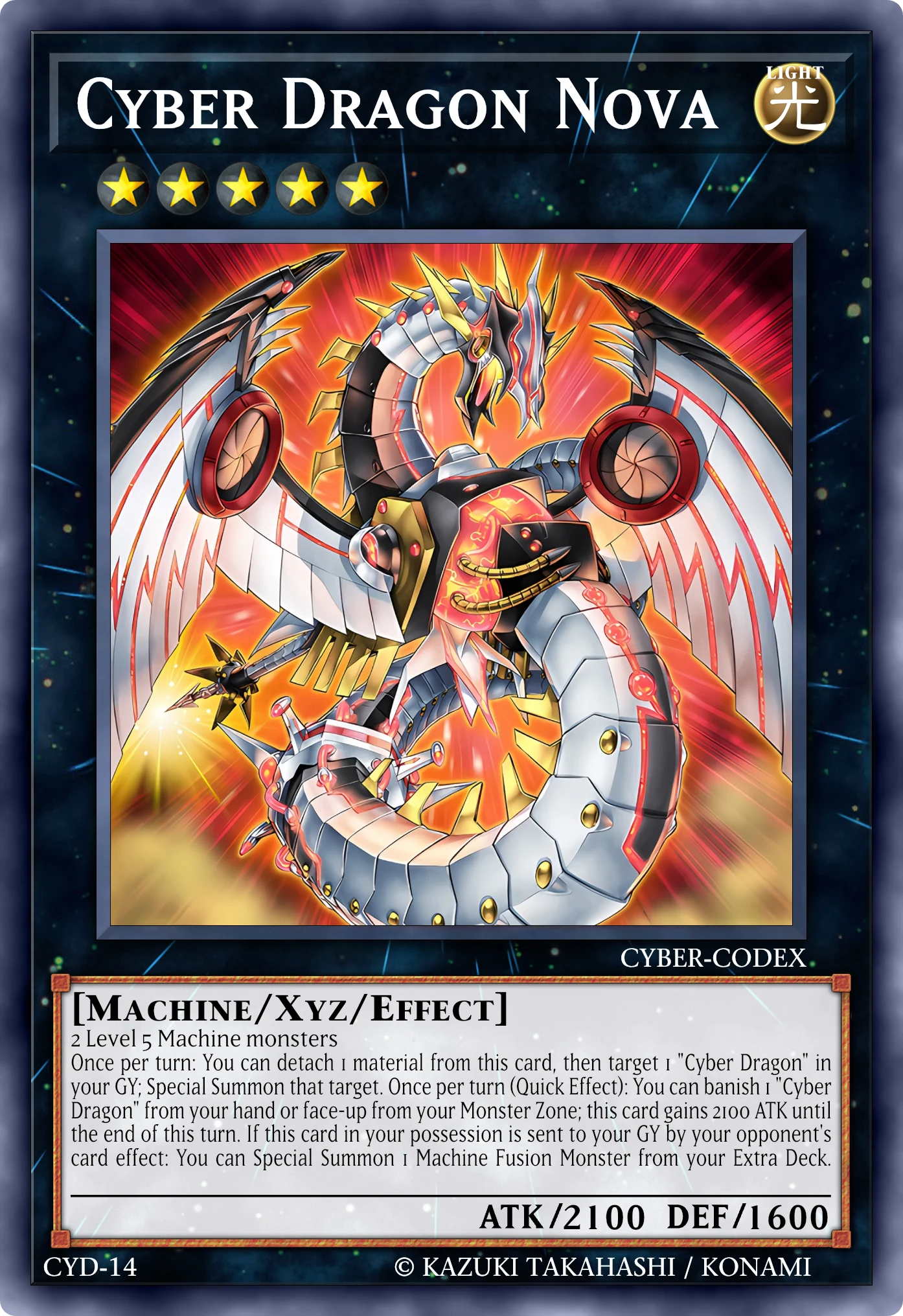 Cyber Dragon Nova (Cyber Drago Nova) card, reconstructed: Xyz Monster, Rank 5 LIGHT Machine, ATK 2100 / DEF 1600