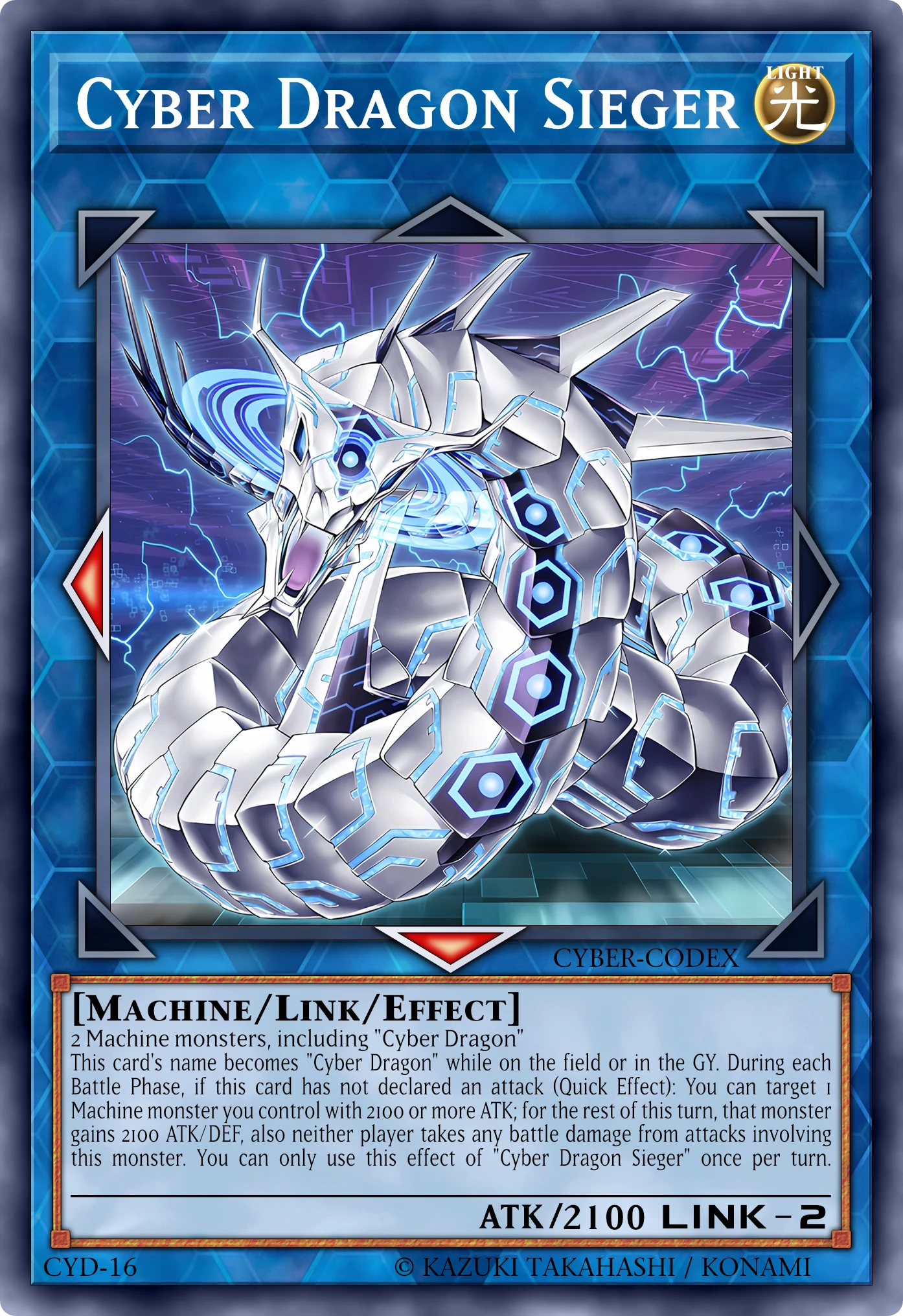 Cyber Dragon Sieger (Cyber Drago Sieger) card, reconstructed: Link Monster, Link-2 LIGHT Machine, ATK 2100 / DEF —