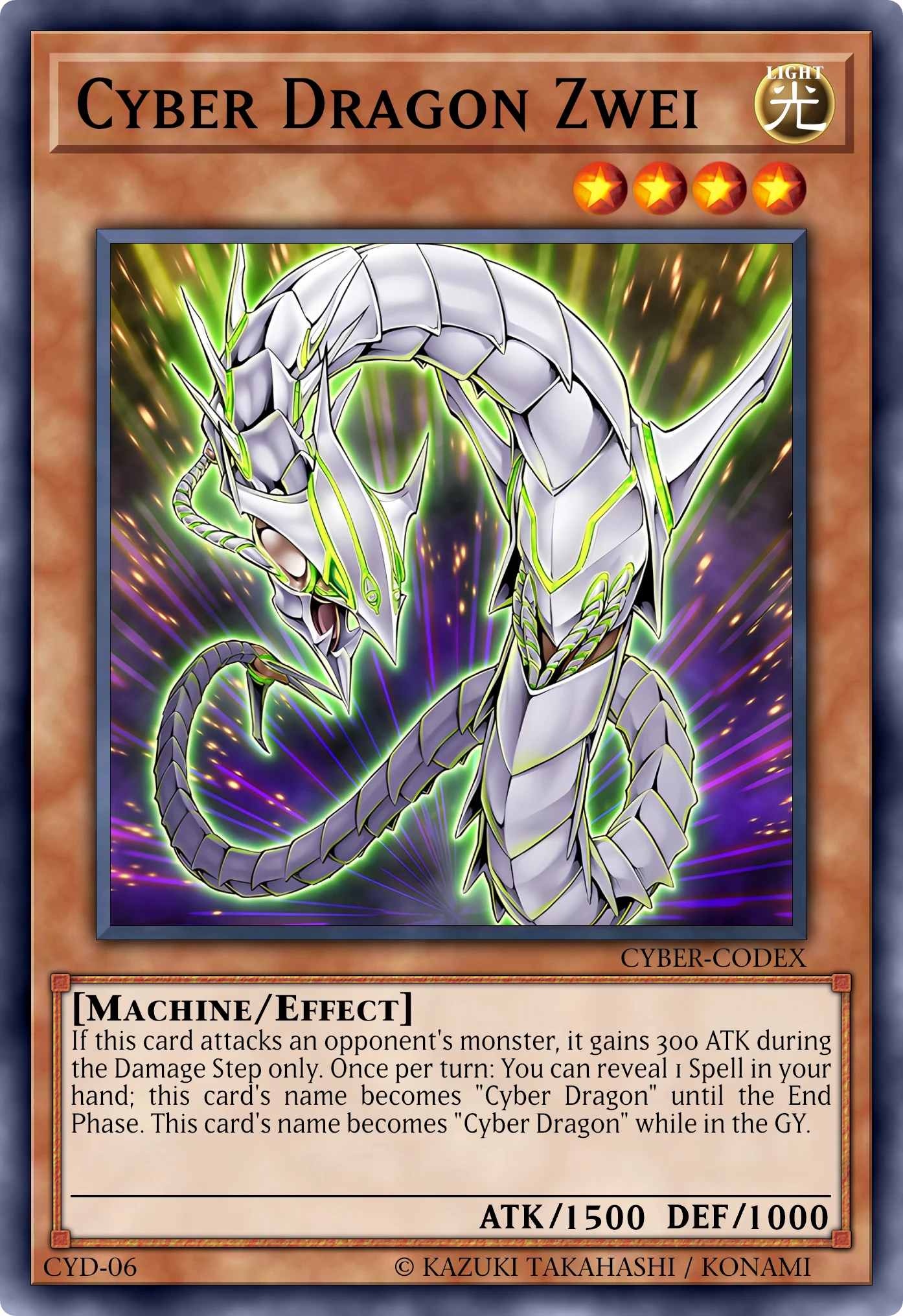 Cyber Dragon Zwei (Cyber Drago Zwei) card, reconstructed: Effect Monster, Level 4 LIGHT Machine, ATK 1500 / DEF 1000