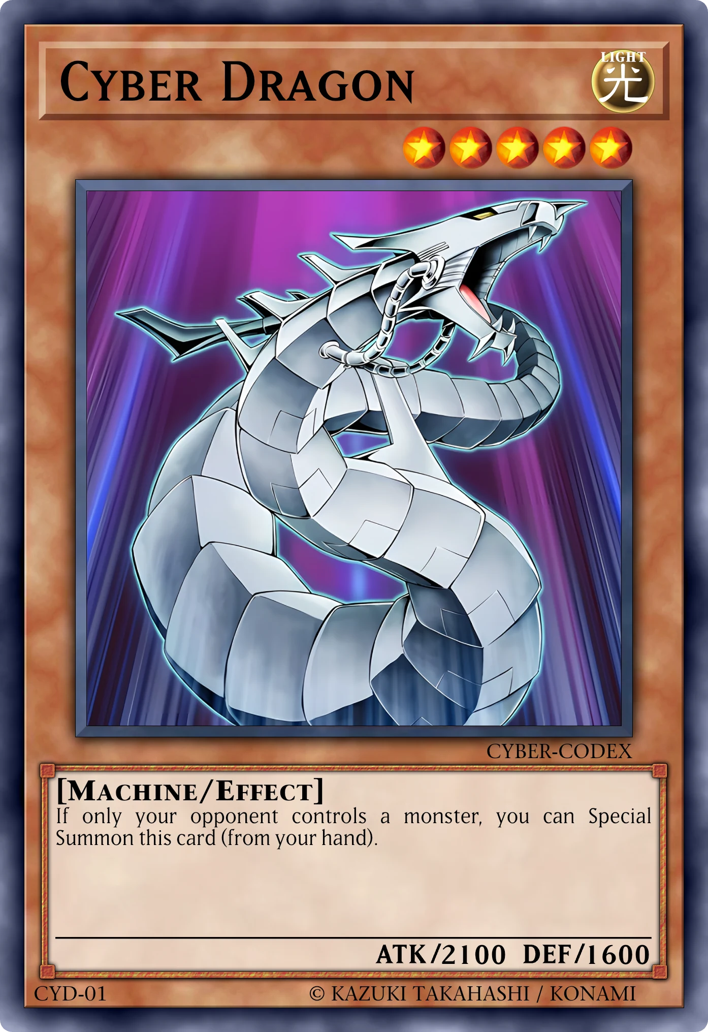 Cyber Dragon (Cyber Drago) card, reconstructed: Effect Monster, Level 5 LIGHT Machine, ATK 2100 / DEF 1600
