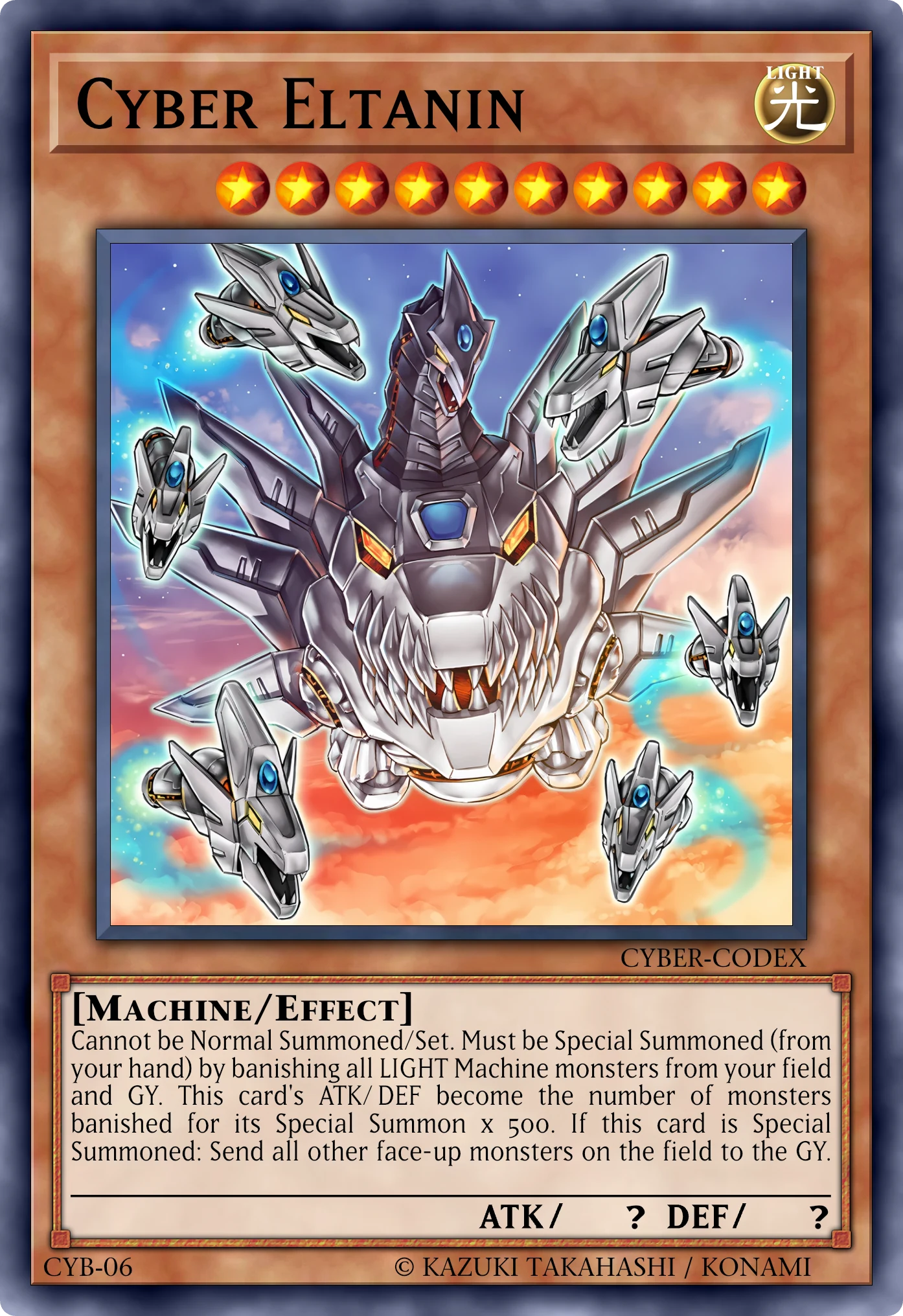 Cyber Eltanin card, reconstructed: Effect Monster, Level 10 LIGHT Machine, ATK ? / DEF ?