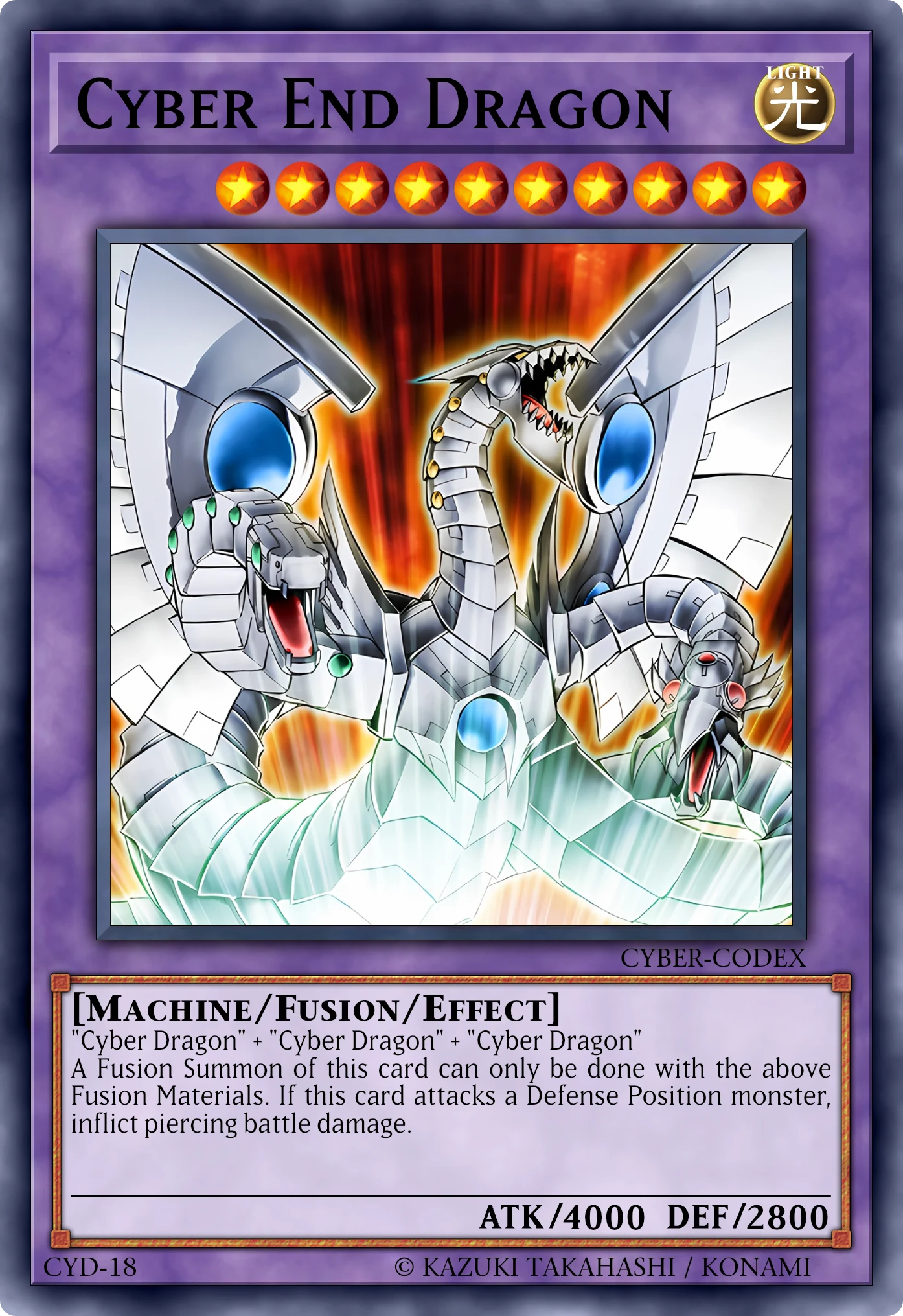 Cyber End Dragon (Cyber Drago Finale) card, reconstructed: Fusion Effect Monster, Level 10 LIGHT Machine, ATK 4000 / DEF 2800