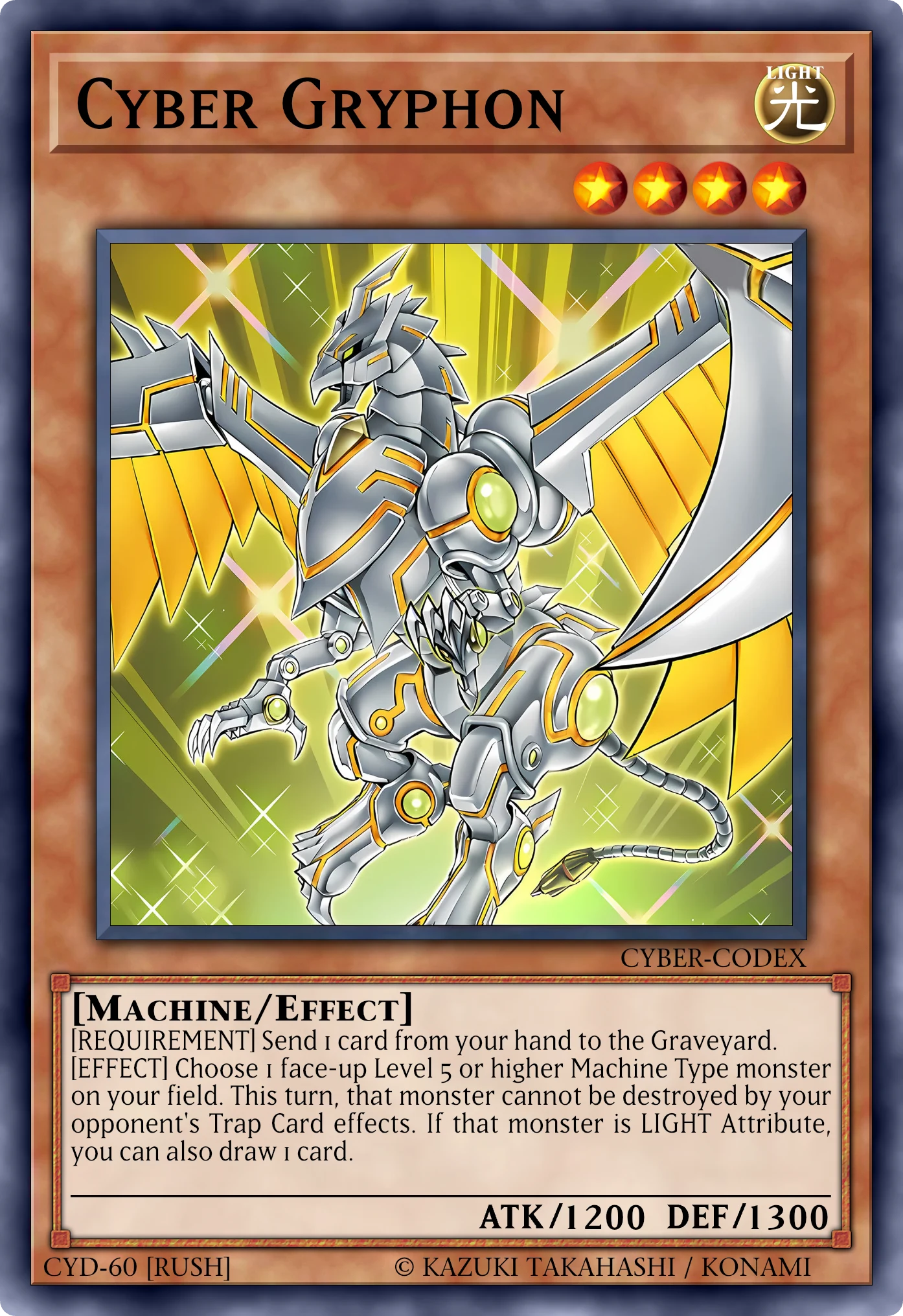 Cyber Gryphon (Cyber Grifone) card, reconstructed: Effect Monster (Rush), Level 4 LIGHT Machine, ATK 1200 / DEF 1300