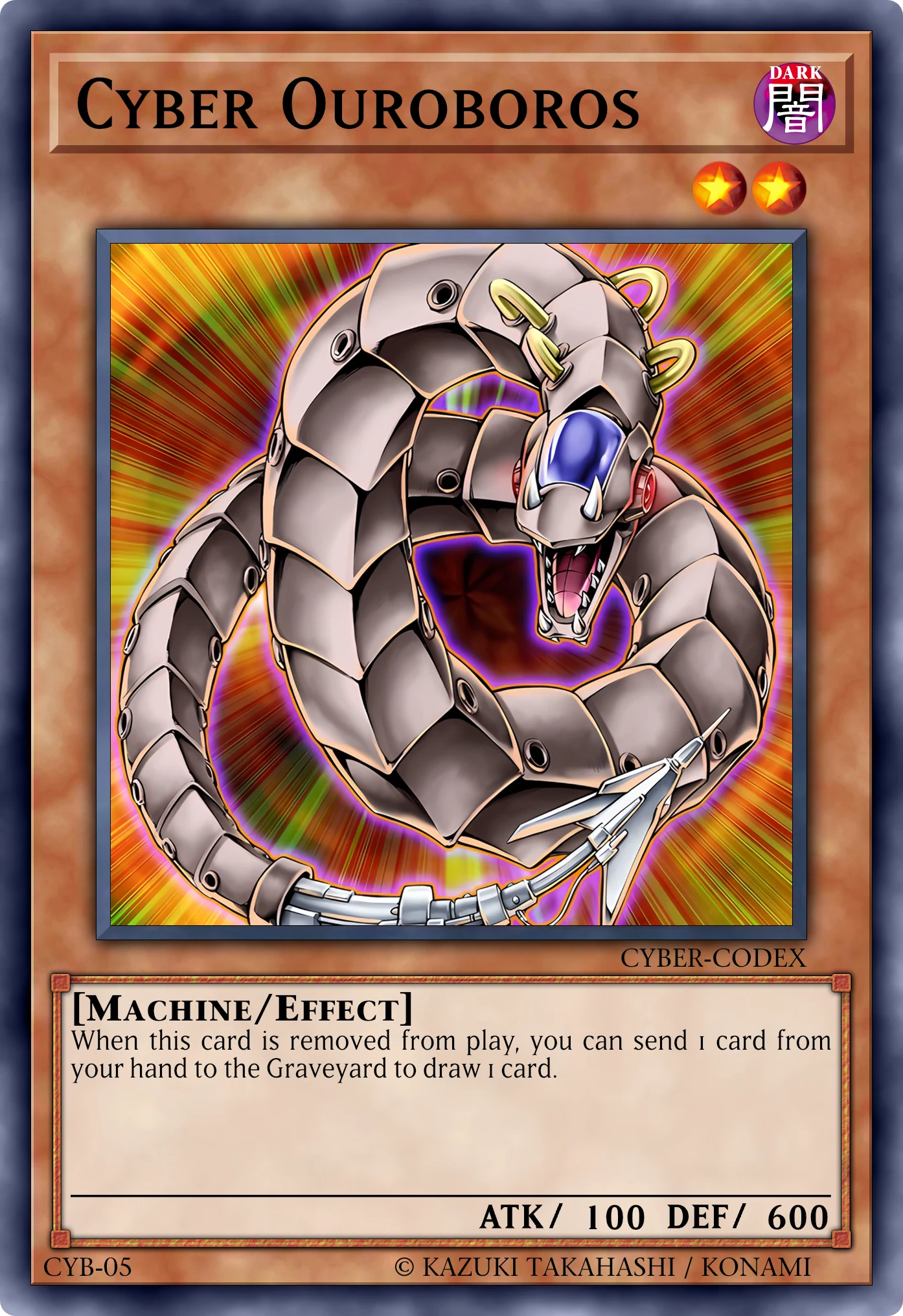Cyber Ouroboros card, reconstructed: Effect Monster, Level 2 DARK Machine, ATK 100 / DEF 600