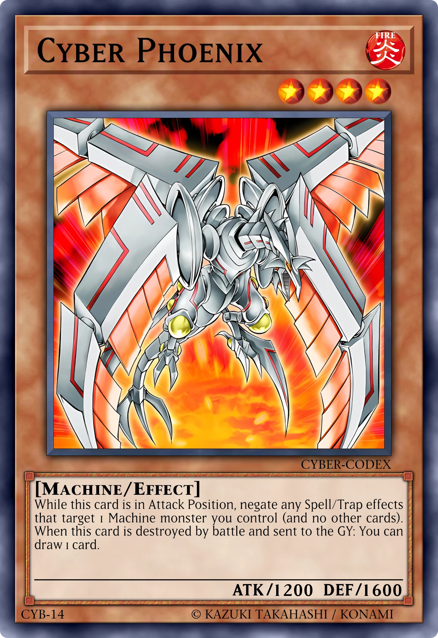 Cyber Phoenix (Cyber Fenice) card, reconstructed: Effect Monster, Level 4 FIRE Machine, ATK 1200 / DEF 1600
