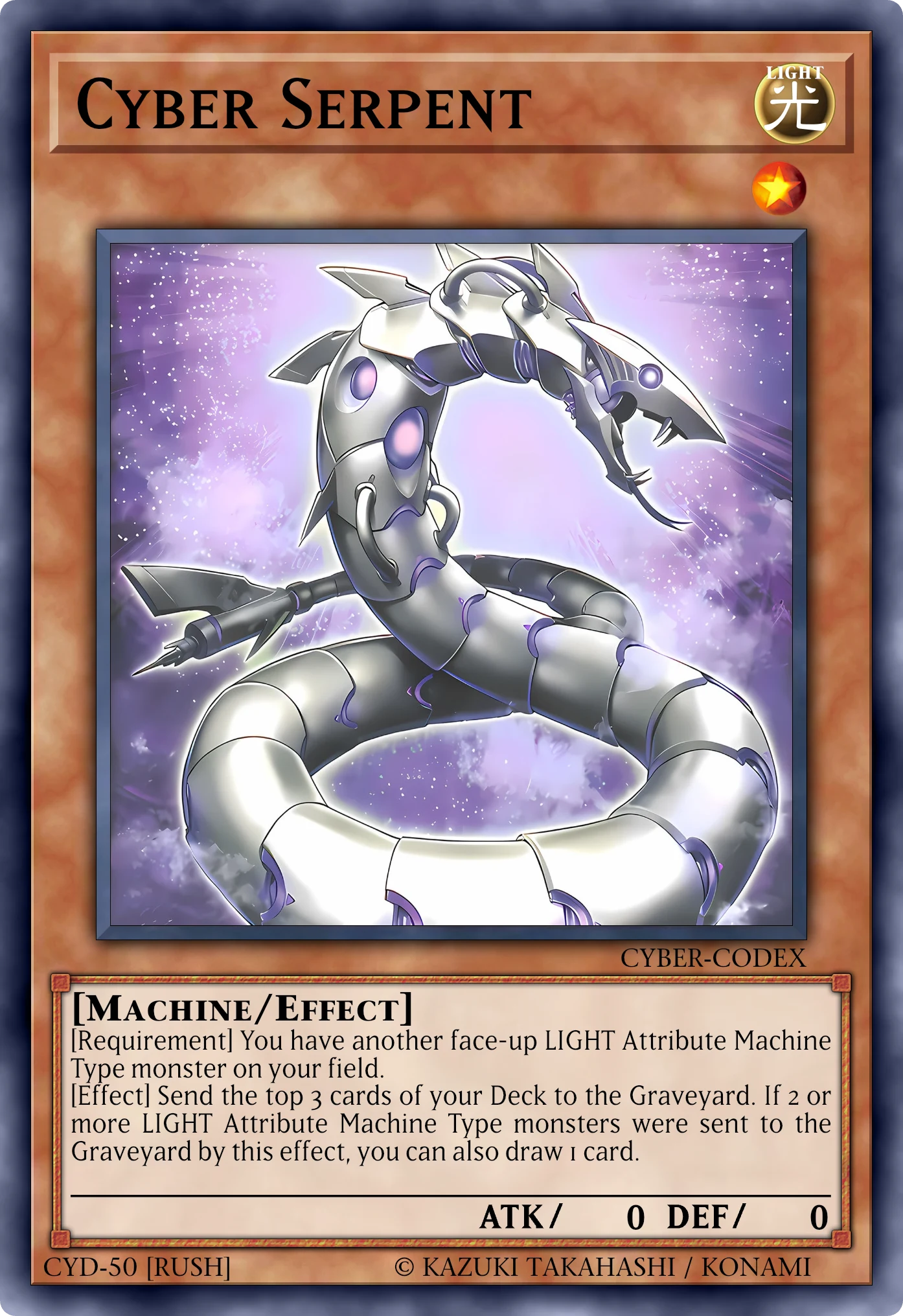 Cyber Serpent (Cyber Serpente) card, reconstructed: Effect Monster (Rush), Level 1 LIGHT Machine, ATK 0 / DEF 0