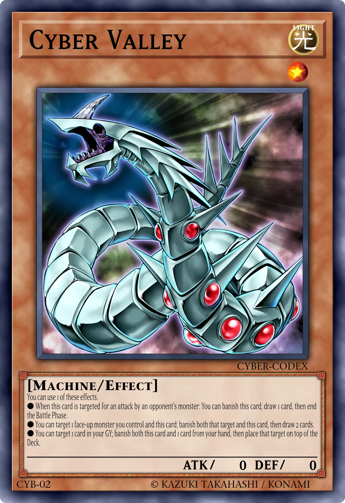 Cyber Valley (Cyber Naga) card, reconstructed: Effect Monster, Level 1 LIGHT Machine, ATK 0 / DEF 0