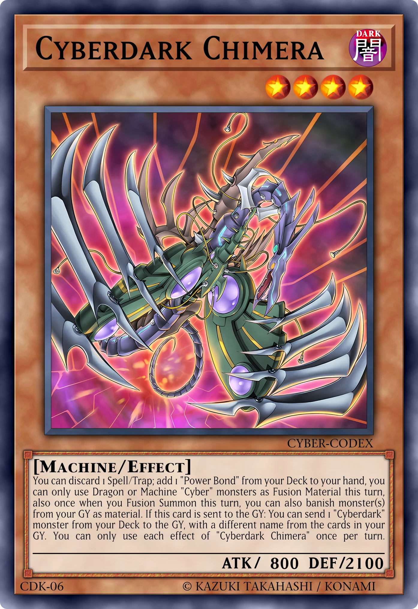 Cyberdark Chimera (Chimera Cyberoscura) card, reconstructed: Effect Monster, Level 4 DARK Machine, ATK 800 / DEF 2100