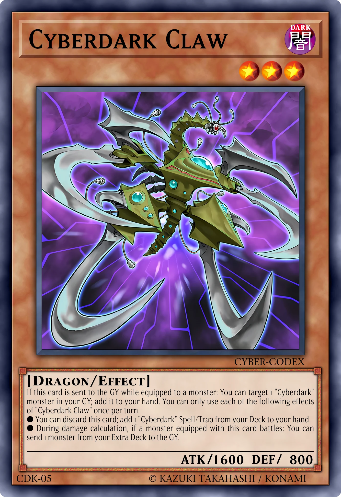Cyberdark Claw (Artiglio Cyberoscuro) card, reconstructed: Effect Monster, Level 3 DARK Dragon, ATK 1600 / DEF 800
