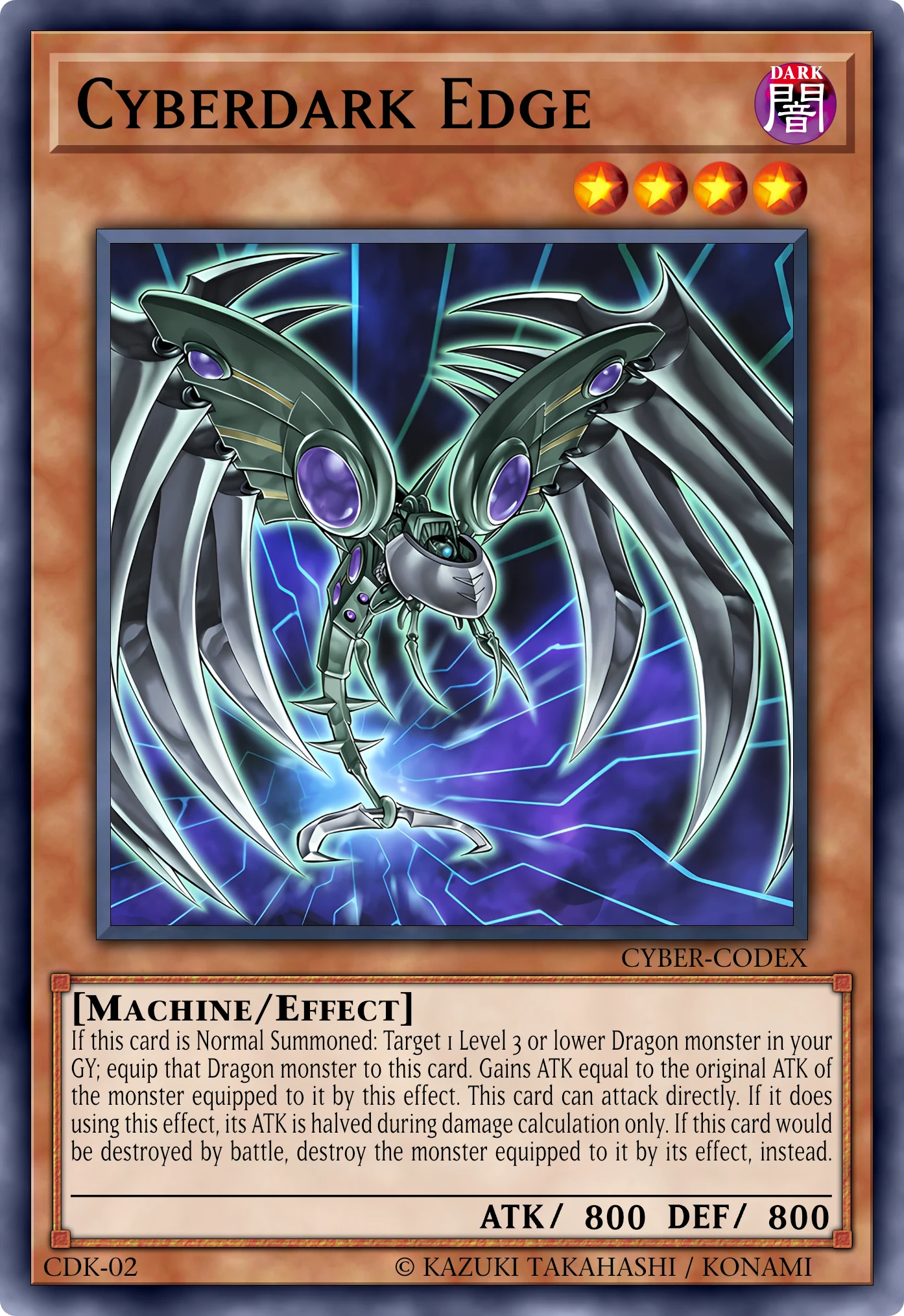 Cyberdark Edge (Ali Cyberoscure) card, reconstructed: Effect Monster, Level 4 DARK Machine, ATK 800 / DEF 800
