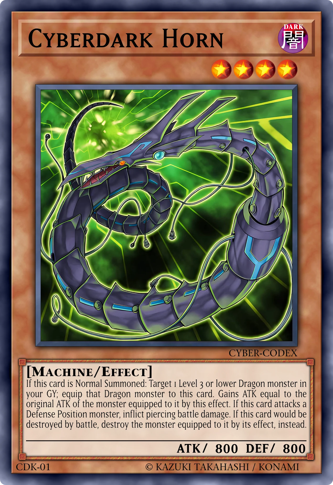 Cyberdark Horn (Corno Cyberoscuro) card, reconstructed: Effect Monster, Level 4 DARK Machine, ATK 800 / DEF 800