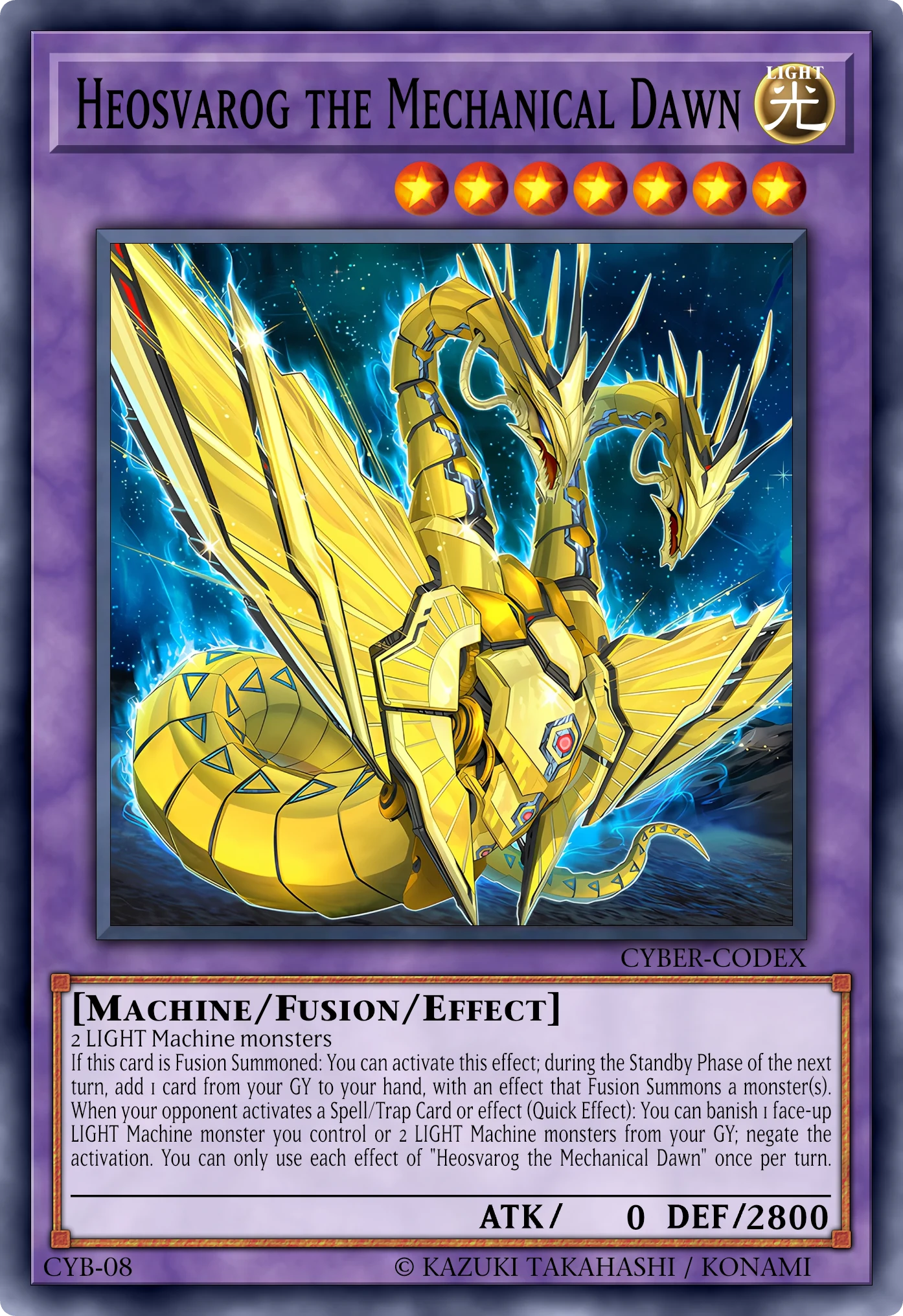 Heosvarog the Mechanical Dawn (Heosvarog l'Alba Meccanica) card, reconstructed: Fusion Effect Monster, Level 7 LIGHT Machine, ATK 0 / DEF 2800