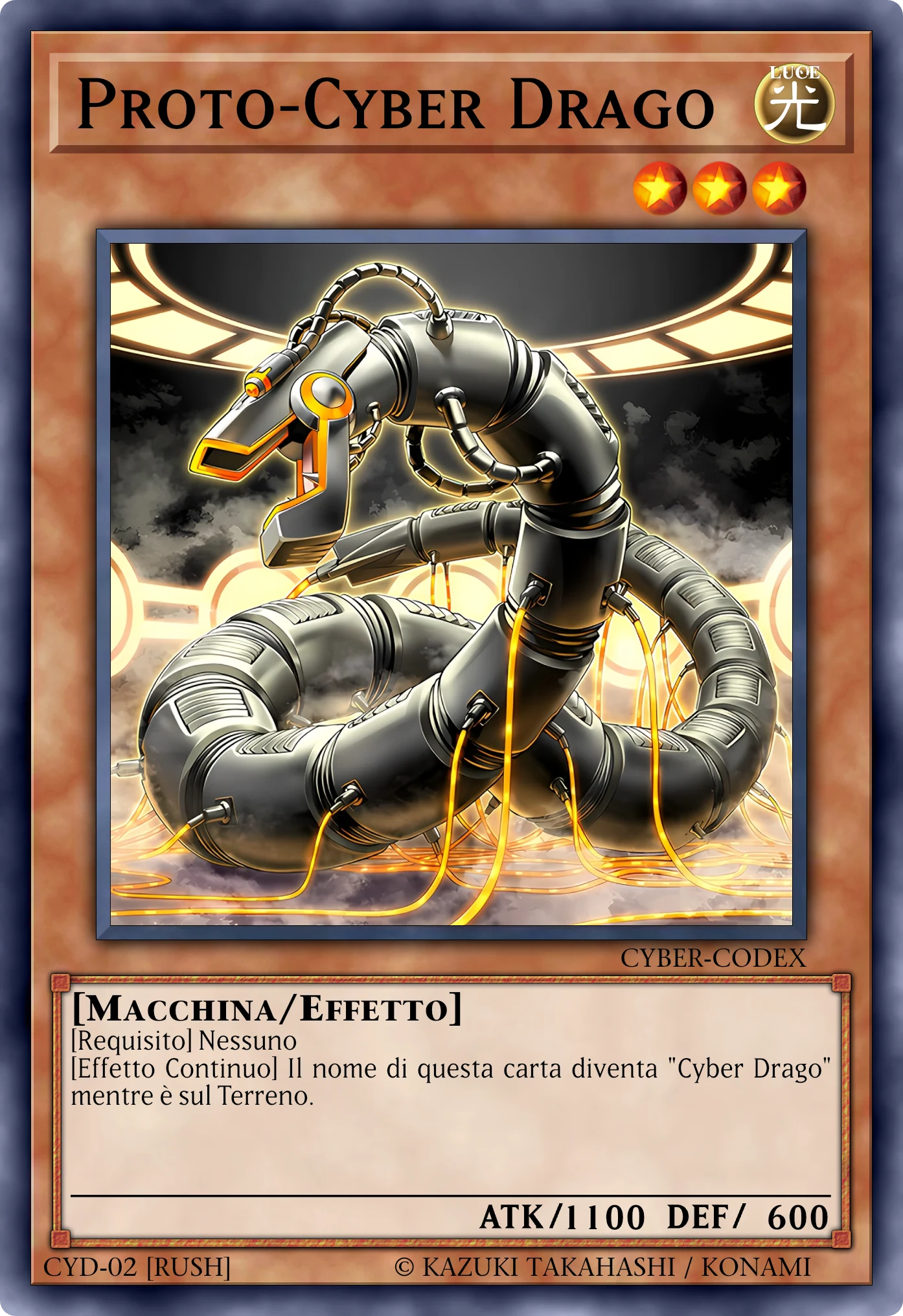 Carta Proto-Cyber Drago (Proto-Cyber Dragon) · Versione Rush ricostruita: Mostro Effetto (Rush), Lv3 LUCE Macchina